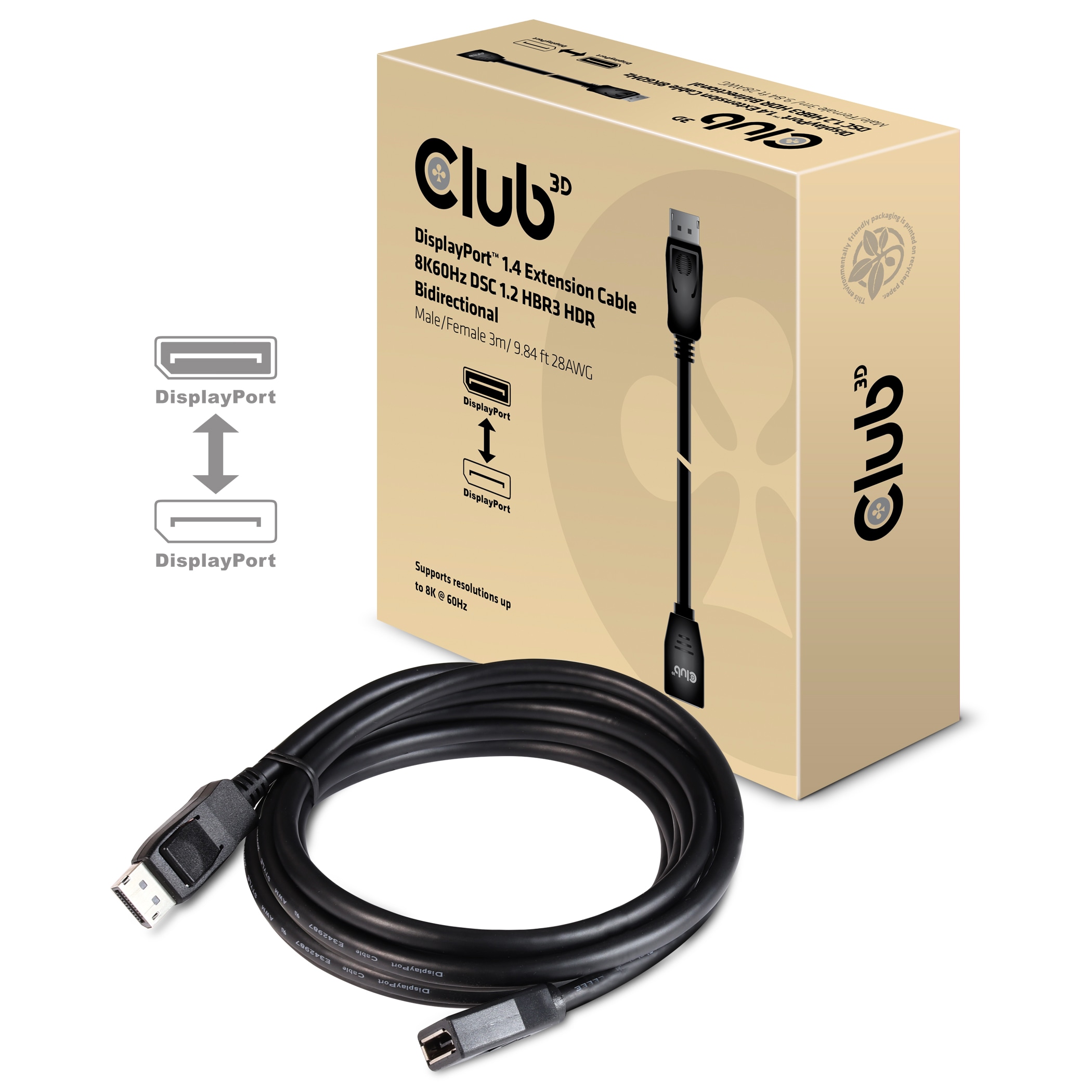 Club3d Club 3D Displayport 1.4 Verlängerungskabel 8K60hz Dsc1.2 Hbr3 Hdr St. Bu. 3M Schwarz Cac-1023 - Image 3