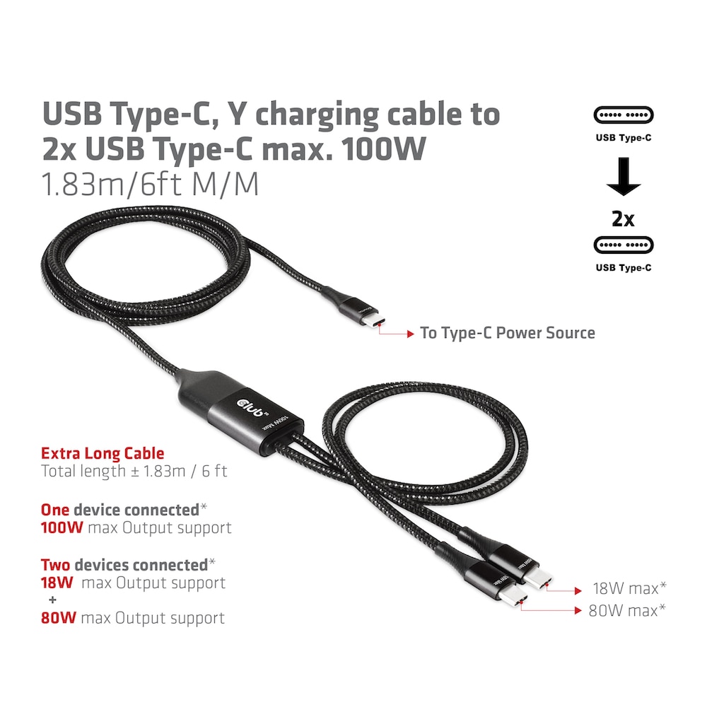 Club3d Club 3D Usb-Typ-C Y-Ladekabel Auf 2X Usb-Typ-C Max. 100W 1,8M St./St. Größe 3 Schwarz