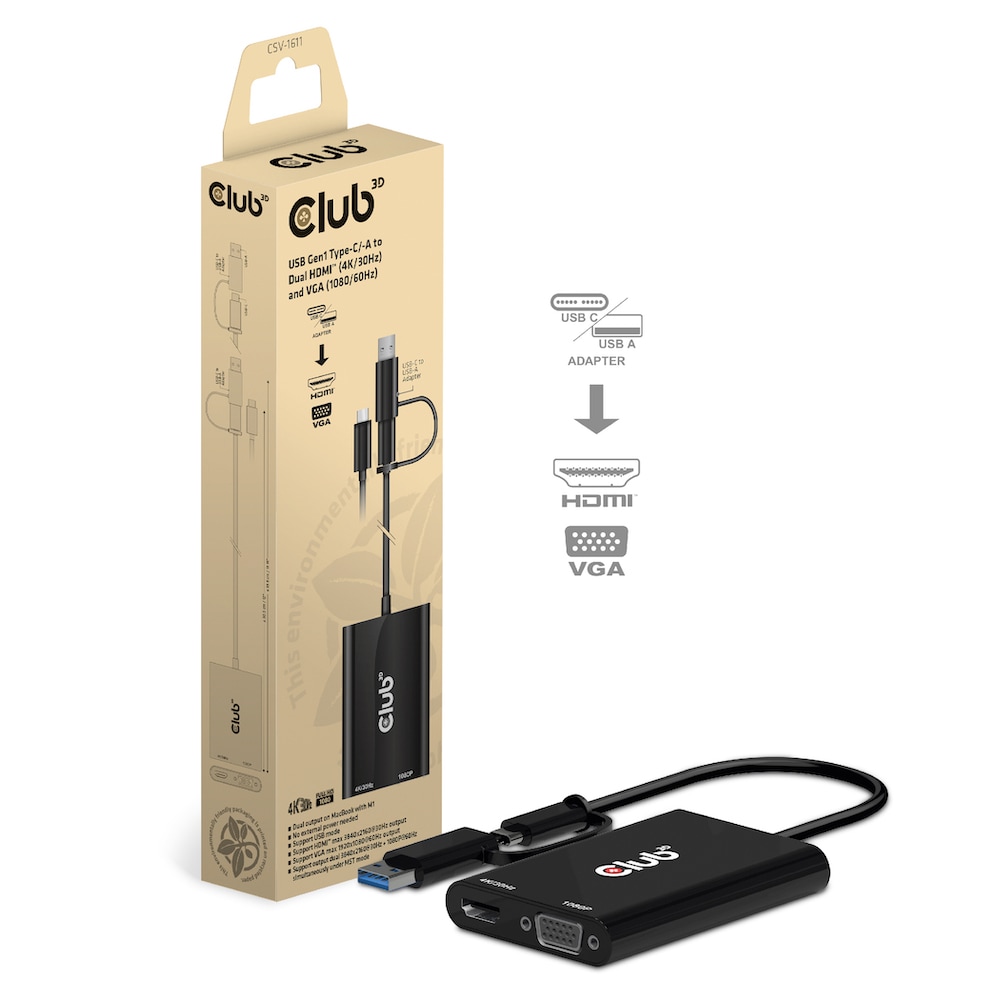 Club3d Club 3D Usb 3.2 Splitter Type-C/-A Zu Dual Hdmi (4K/30Hz) + Vga Schwarz Csv-1611 - Bild 4