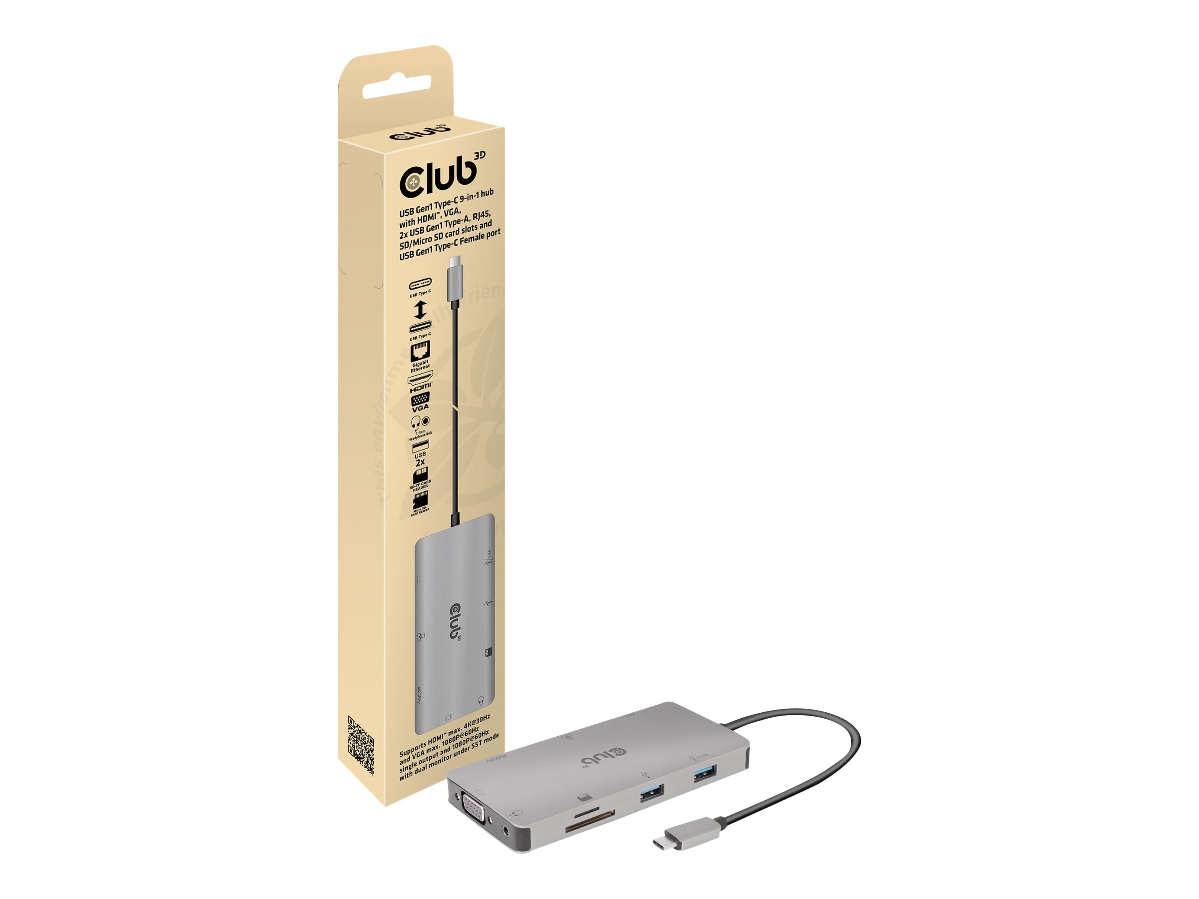 Club3D Club 3D USB Gen 1 Typ-C 9-in-1 Hub mit HDMI, VGA SD/Micro SD Kartenslots CSV-1594