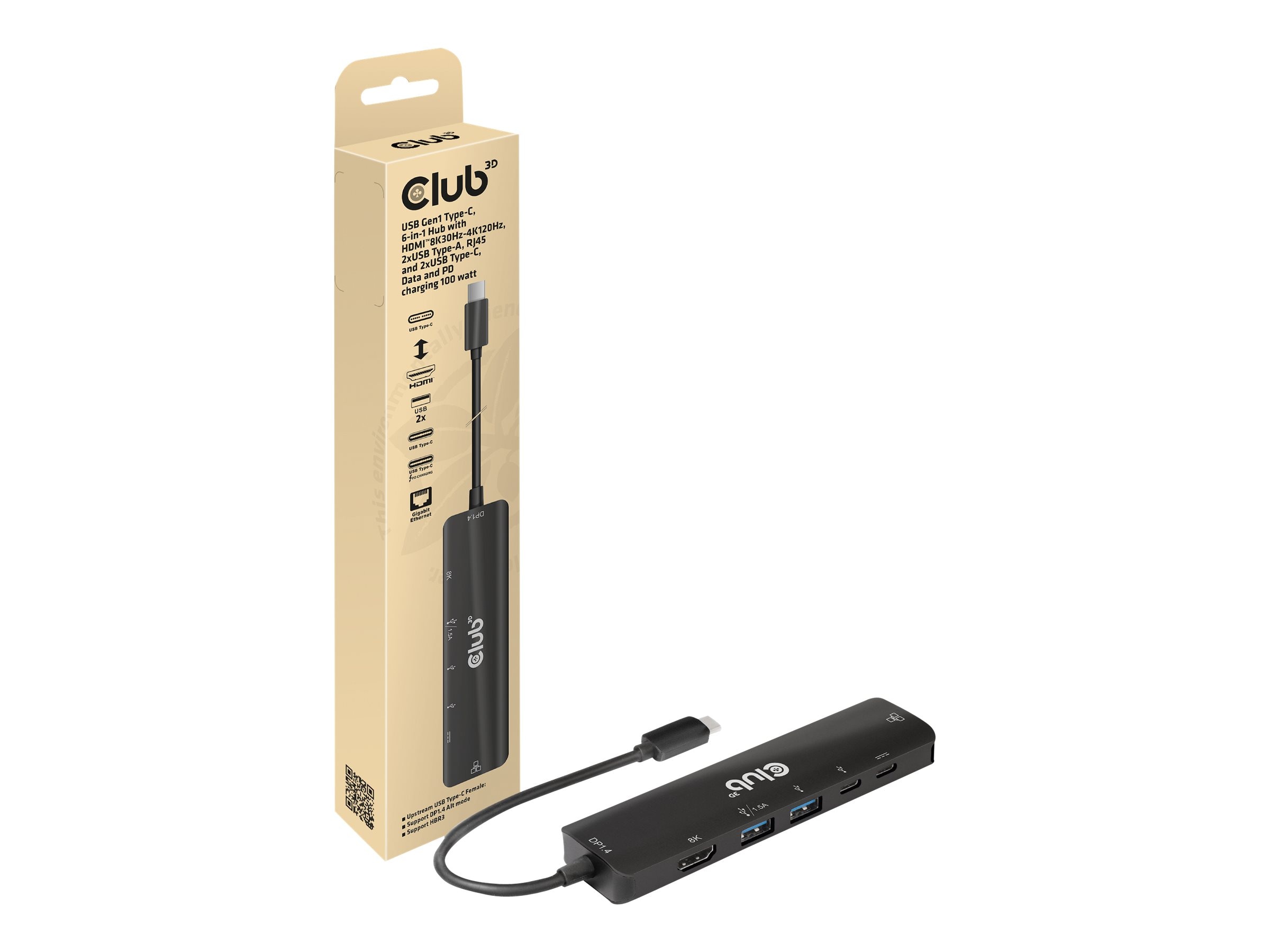 Club3d Club 3D Usb Typ-C 3.2 Gen1, 6In1 Hub Hdmi 8K30hz-4K120hz, 2Xusb Typ-A, Rj45 100W Größe 3