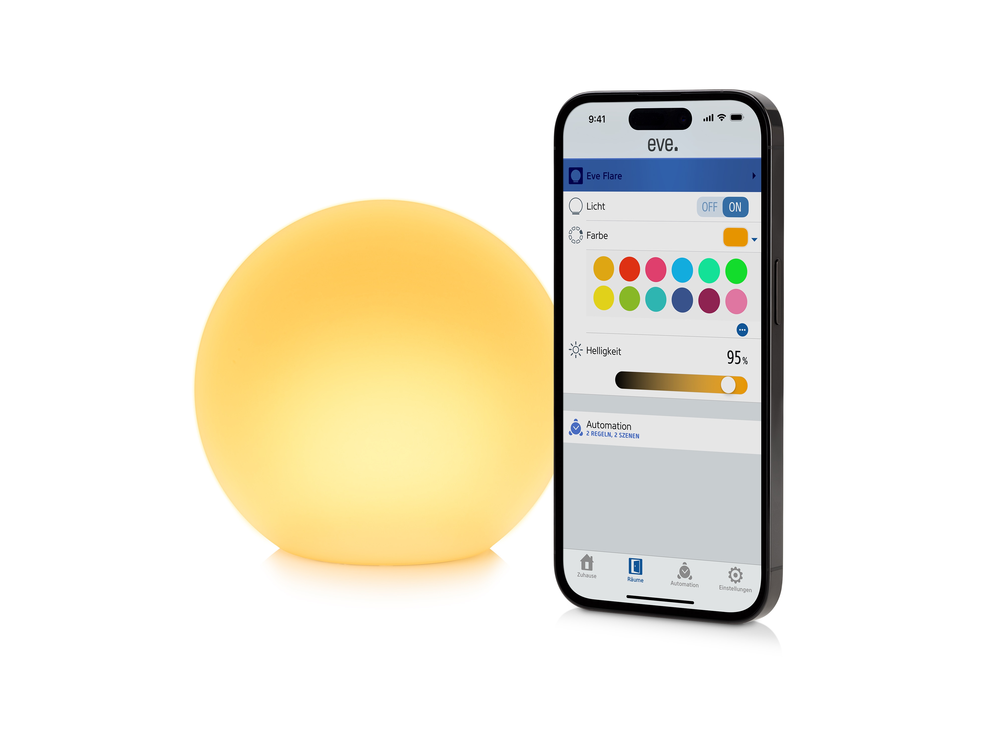 Eve Flare (Apple Home) – Tragbare smarte LED-Kugelleuchte, wasserbeständig, weißes & farbiges Licht, 90 lm, Ø 25 cm, dimmbar, keine Bridge nötig, Bluetooth & Thread, App-Steuerung - Bild 3