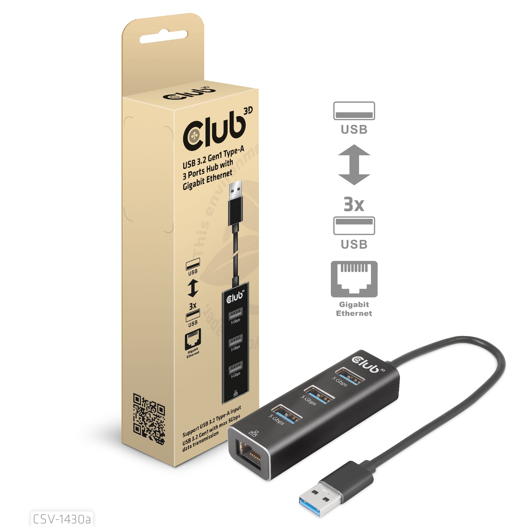 Club3d Club 3D Usb 3.2 Gen1 Typ-A, Ports Hub Mit Gigabit Ethernet Größe 3