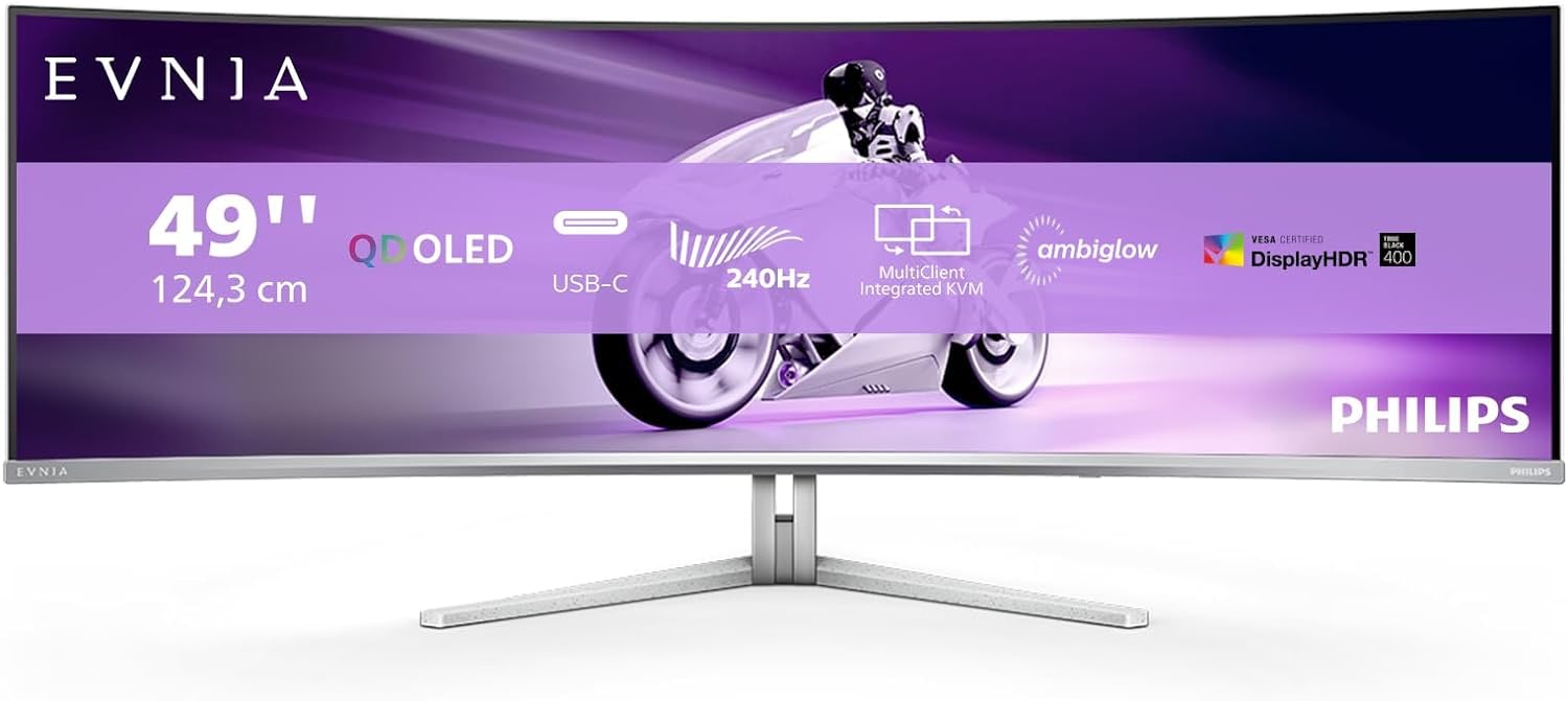 PHILIPS Evnia 49M2C8900-49 Zoll DQHD OLED Curved Gaming Monitor, 240 Hertz, 0,03ms GtG, HDR400, Ambiglow (5120x1440, HDMI 2.1, DisplayPort 1.4, USB-C, USB Hub) Weiss - Bild 4