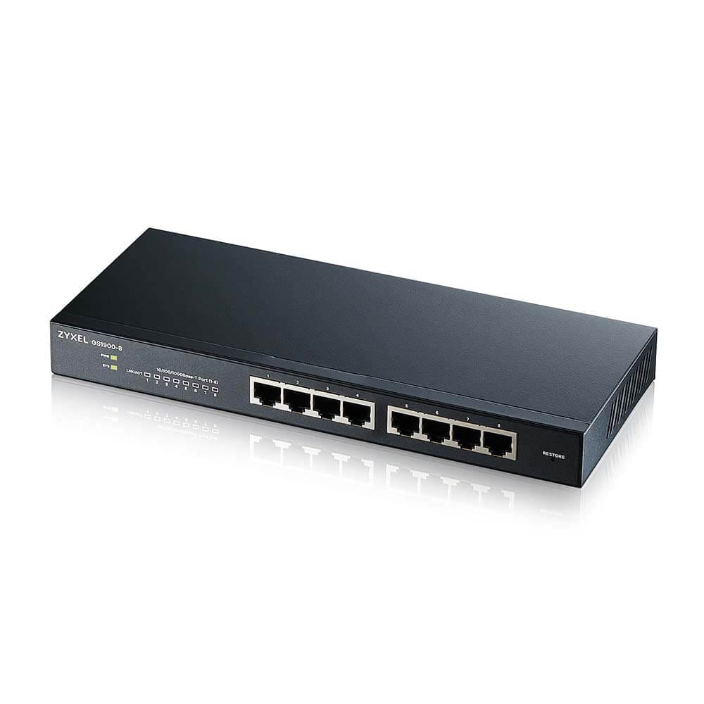 Zyxel Netzwerk Switch 8 Port | Smart Managed Gigabit | GS1900-8 | 8x GbE RJ-45 Ports, Lüfterlos, VLAN, QoS, IGMP Snooping, Link Aggregation, Wandmontage Kit Enthalten - Bild 5