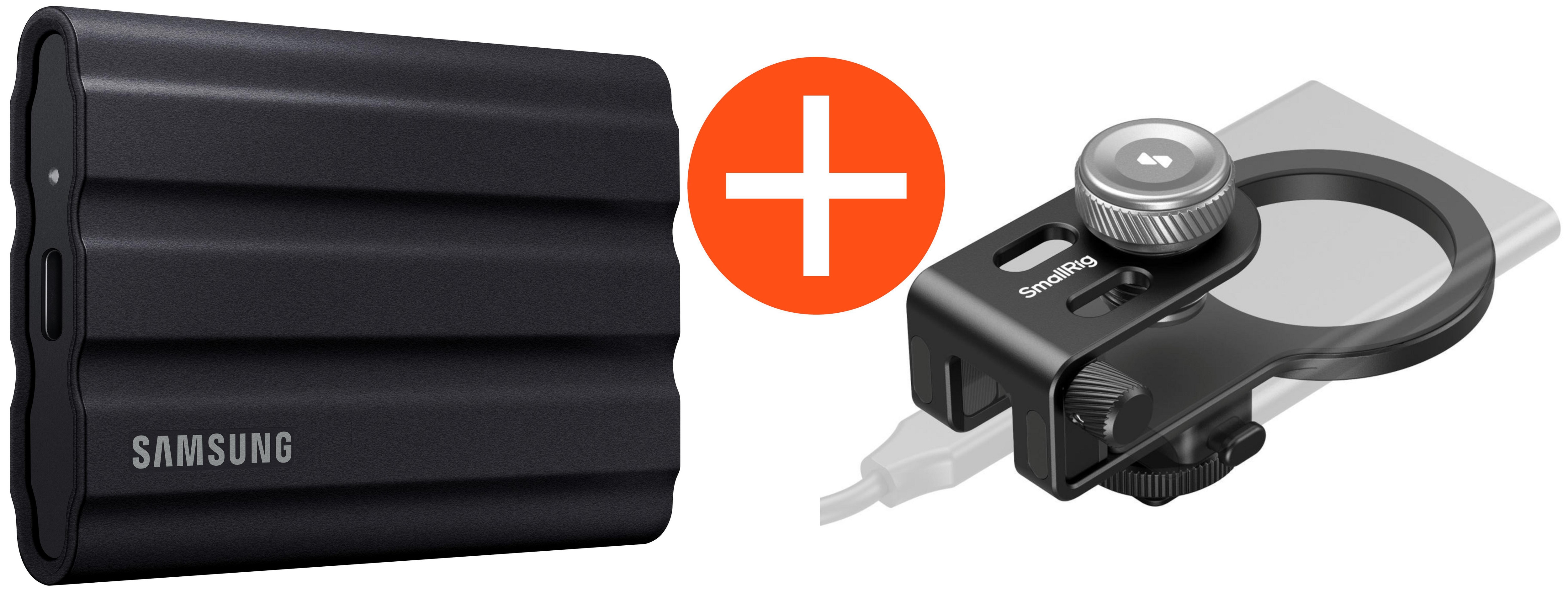 Samsung Portable SSD T7 Shield 2 TB USB 3.2 Gen2 Typ-C Schwarz PC/Mac inkl. SmallRig-Halterung MagSafe