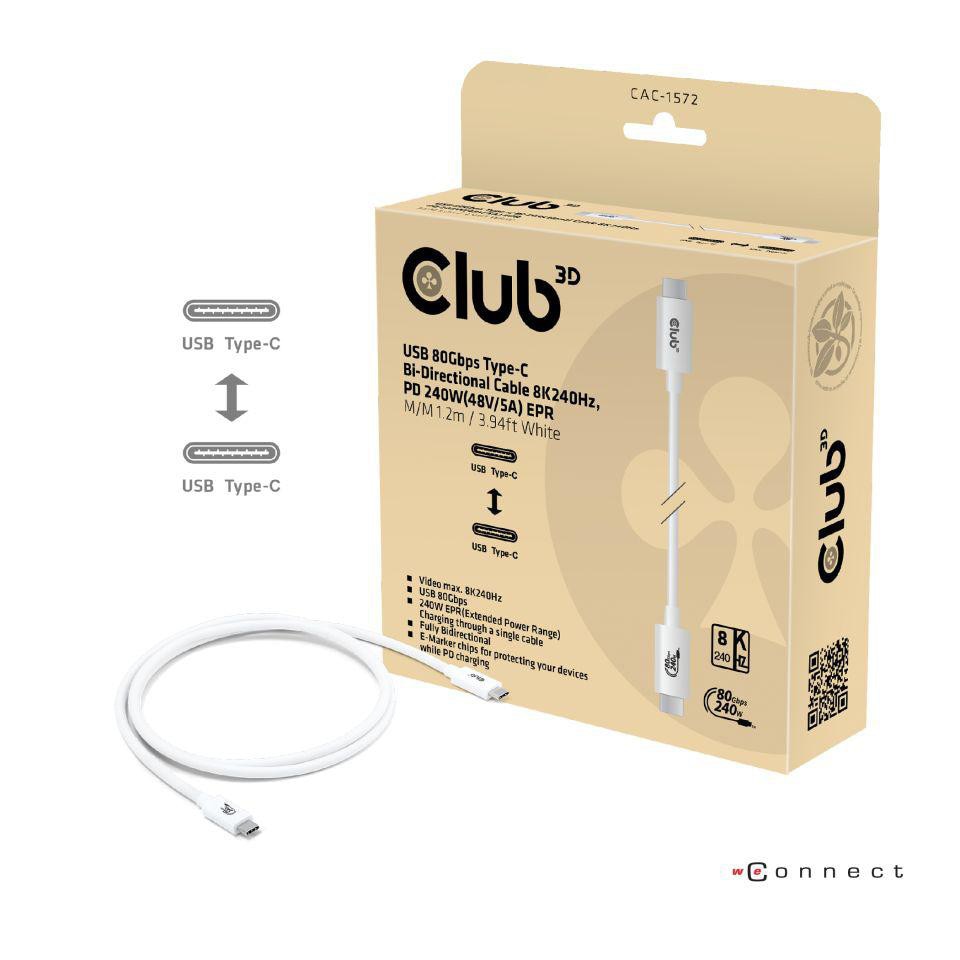 Club3D Club 3D Typ-C zu Typ-C Kabel 80Gbps Zertifiziertes 240W 8K240Hz 1.2m weiß CAC-1572