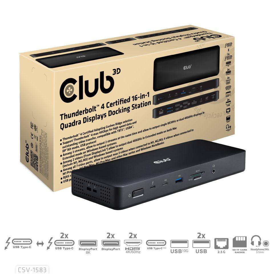 Club3d Club 3D Thunderbolt Zertifizierte 16-In-1 Vier-Displays Docking Station Größe 4 Schwarz