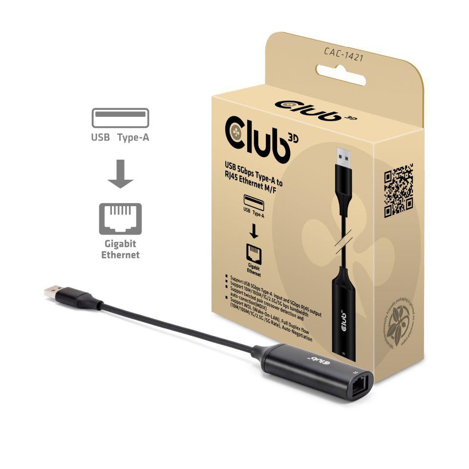 Club 3D Club3D Adapter USB-C > RJ45 5Gbps St/Bu retail (USB-C, RJ45 Gigabit Ethernet (1x)), Netzwerk Adapter, Schwarz - Image 3