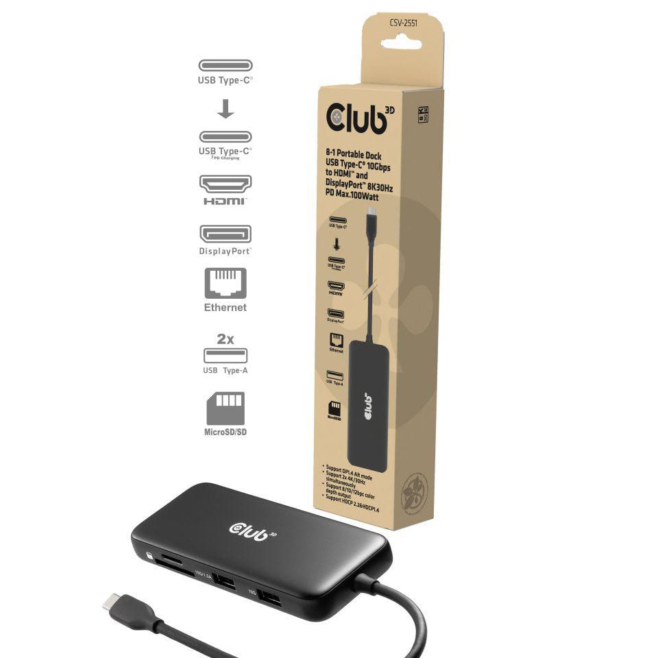 Club3D CSV-2551 8-1 Tragbare USB Type-C® Dock 10 Gbit/s auf HDMI™ und DisplayPort™ 8K30Hz PD Max.100Watt - Bild 4