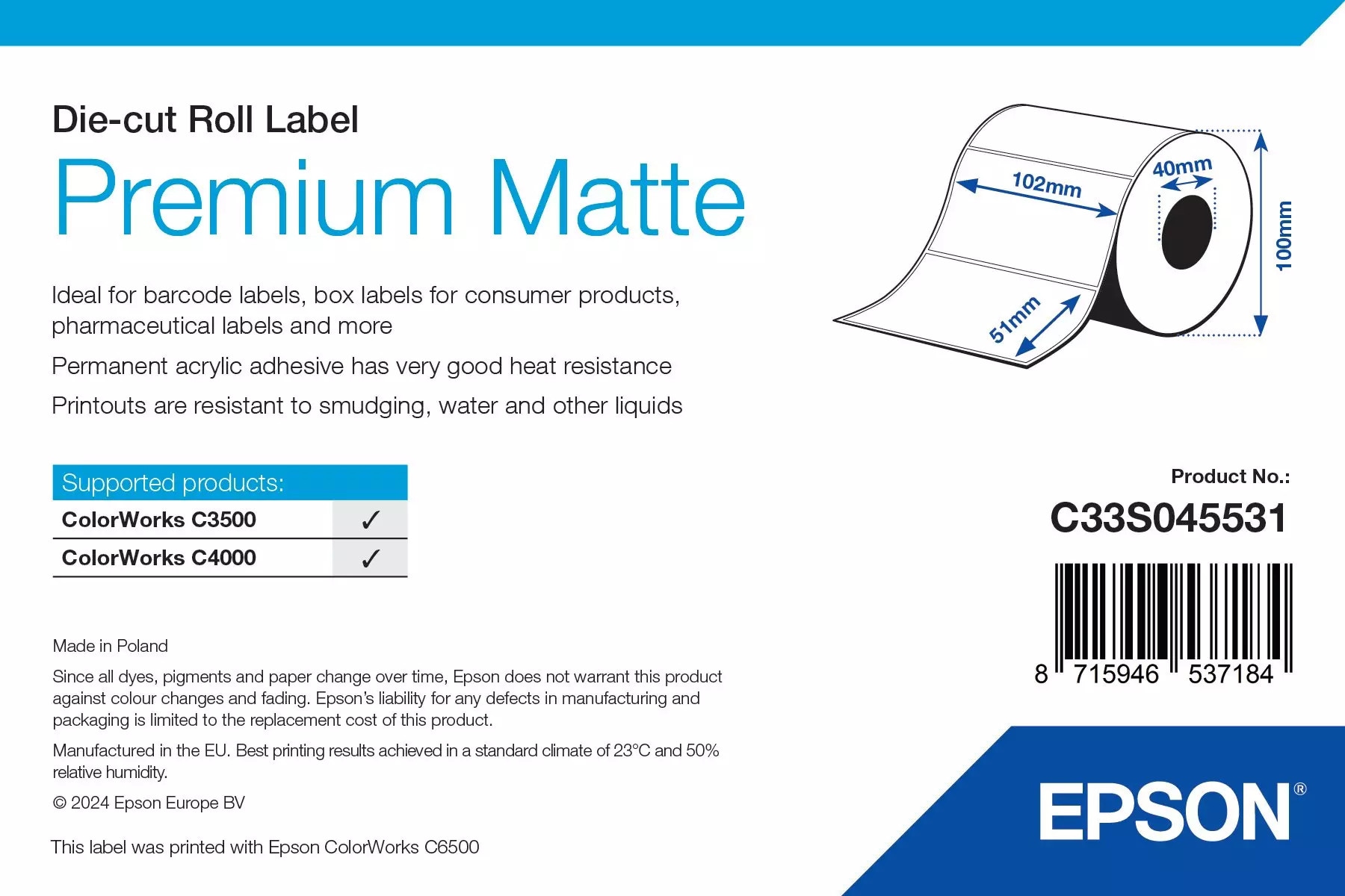 EPSON ColorWorks - Premium Matt Label - C33S045532 - 102mm x 76mm - Image 3