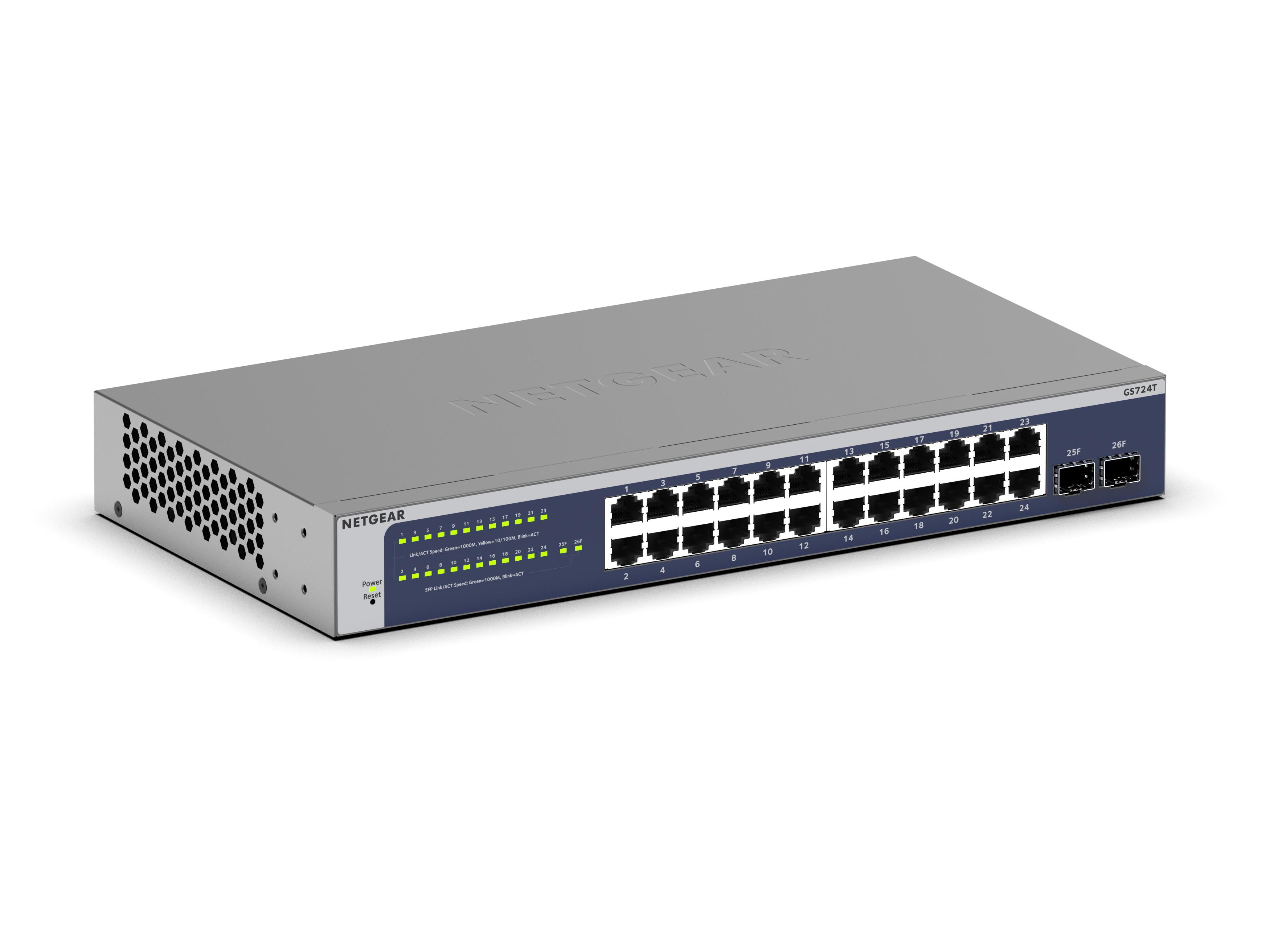 Netgear 24-Port Gigabit Ethernet Smart Switch (Gs724t) Managed, Optional Mit Insight Cloud Management Für Jahr, Mit 2 1G Sfp, Desktop & Rack-Mount Größe 1 Hellblau