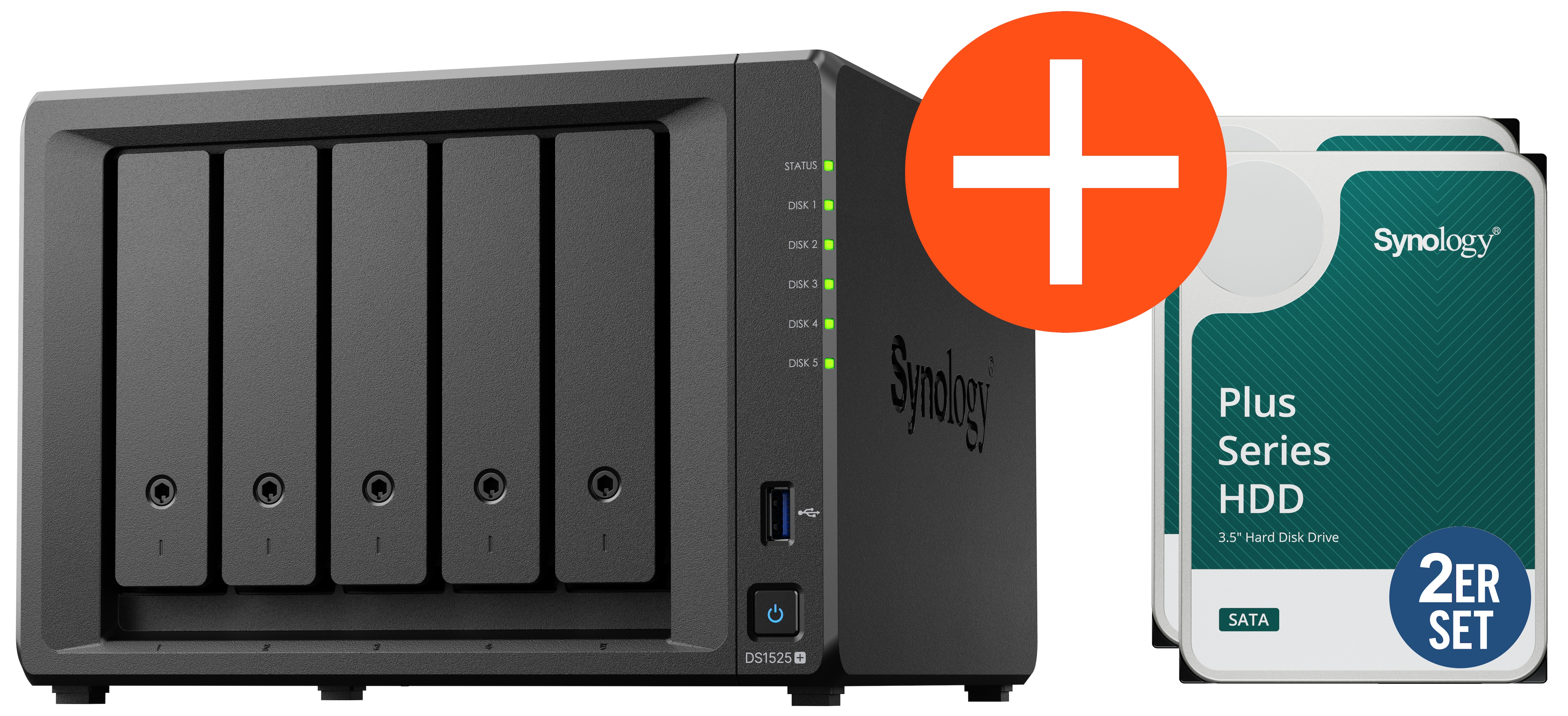 Synology DS1525+ NAS System 5-Bay 16 TB inkl. 2x 8 TB Synology HDD HAT3320-8T