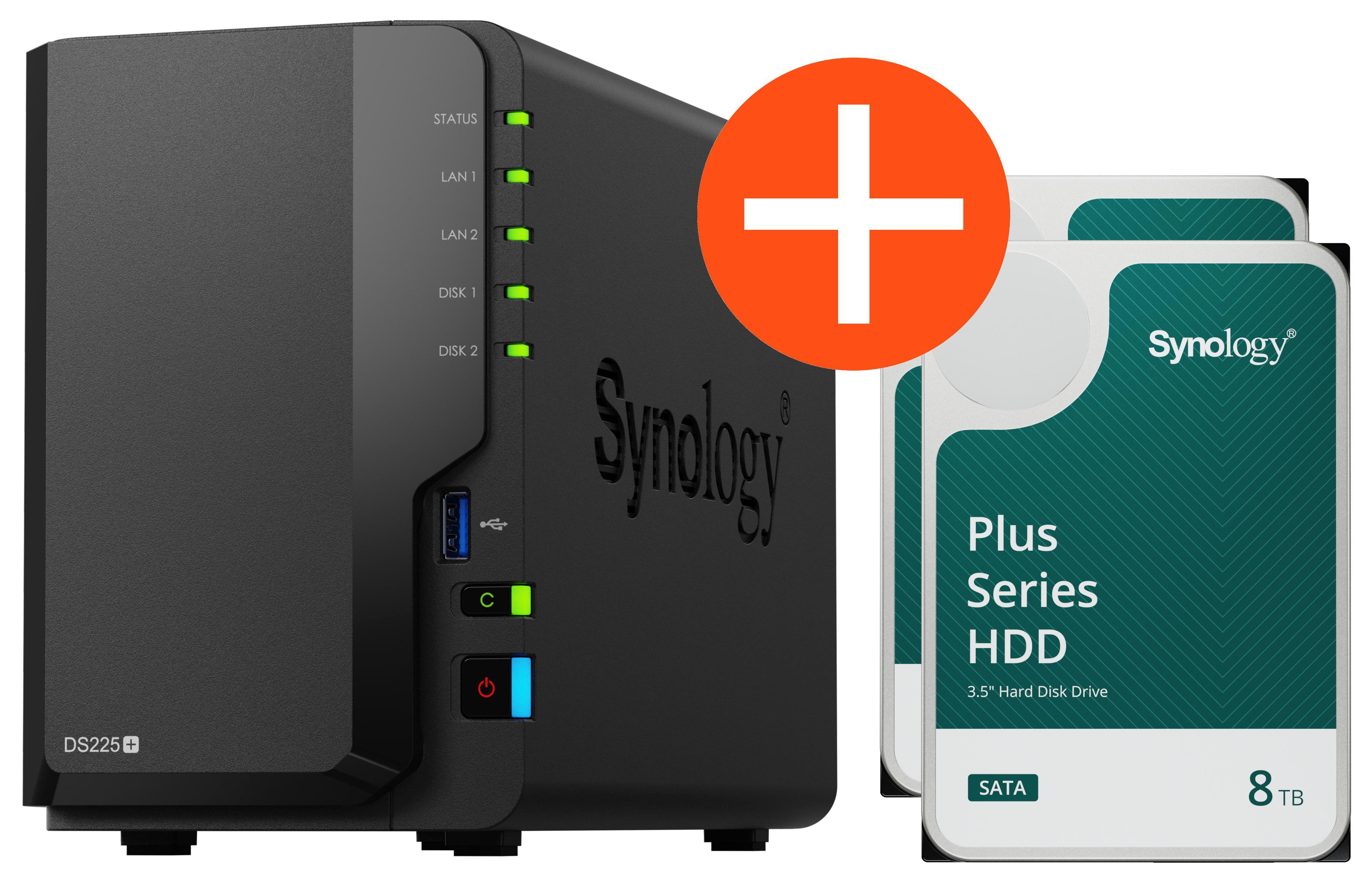 Synology DS225+ NAS System 2-Bay 16 TB inkl. 2x 8 TB Synology HDD HAT3320-8T