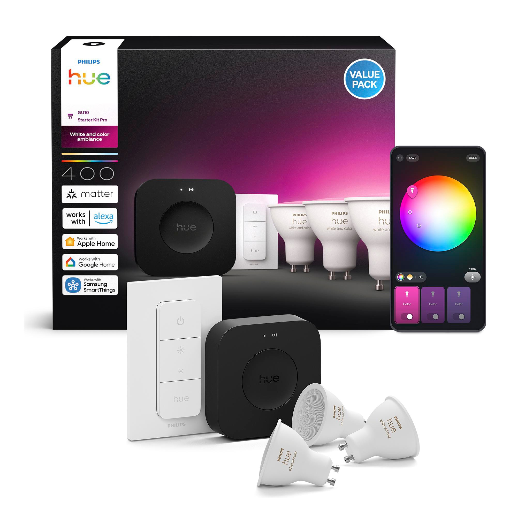 Philips Hue Starter Kit: Hue Bridge Pro + 3 GU10 smarte LED Spots + Dimmer Switch