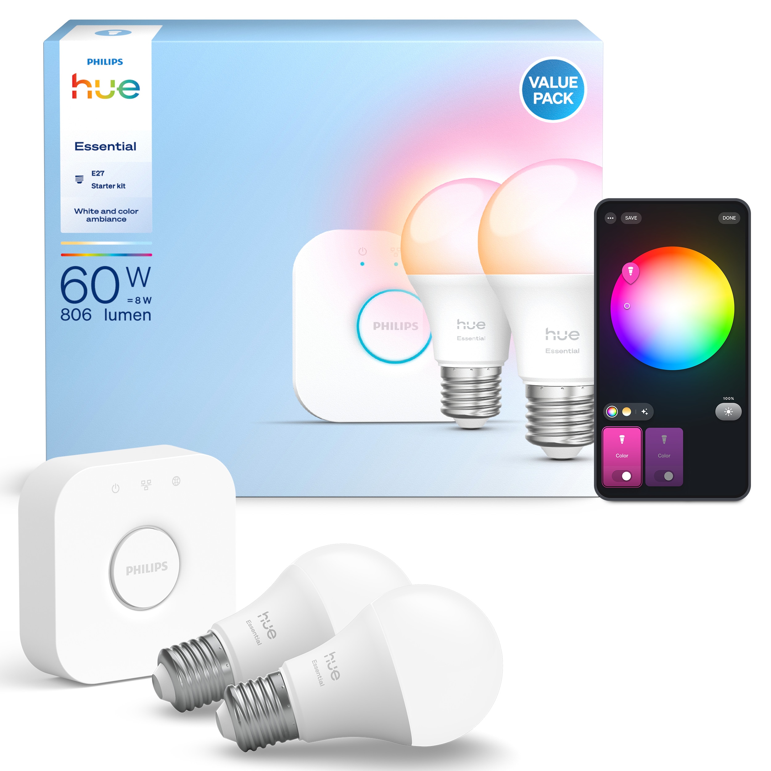 Philips Hue Essential Starter Kit: Hue Bridge + Essential E27 Smarte Lampen, White And Color Ambiance, 2200K-6500K, Kompatibel Mit Gängigen Smart-Home-Assistenten Größe 2 Weiß