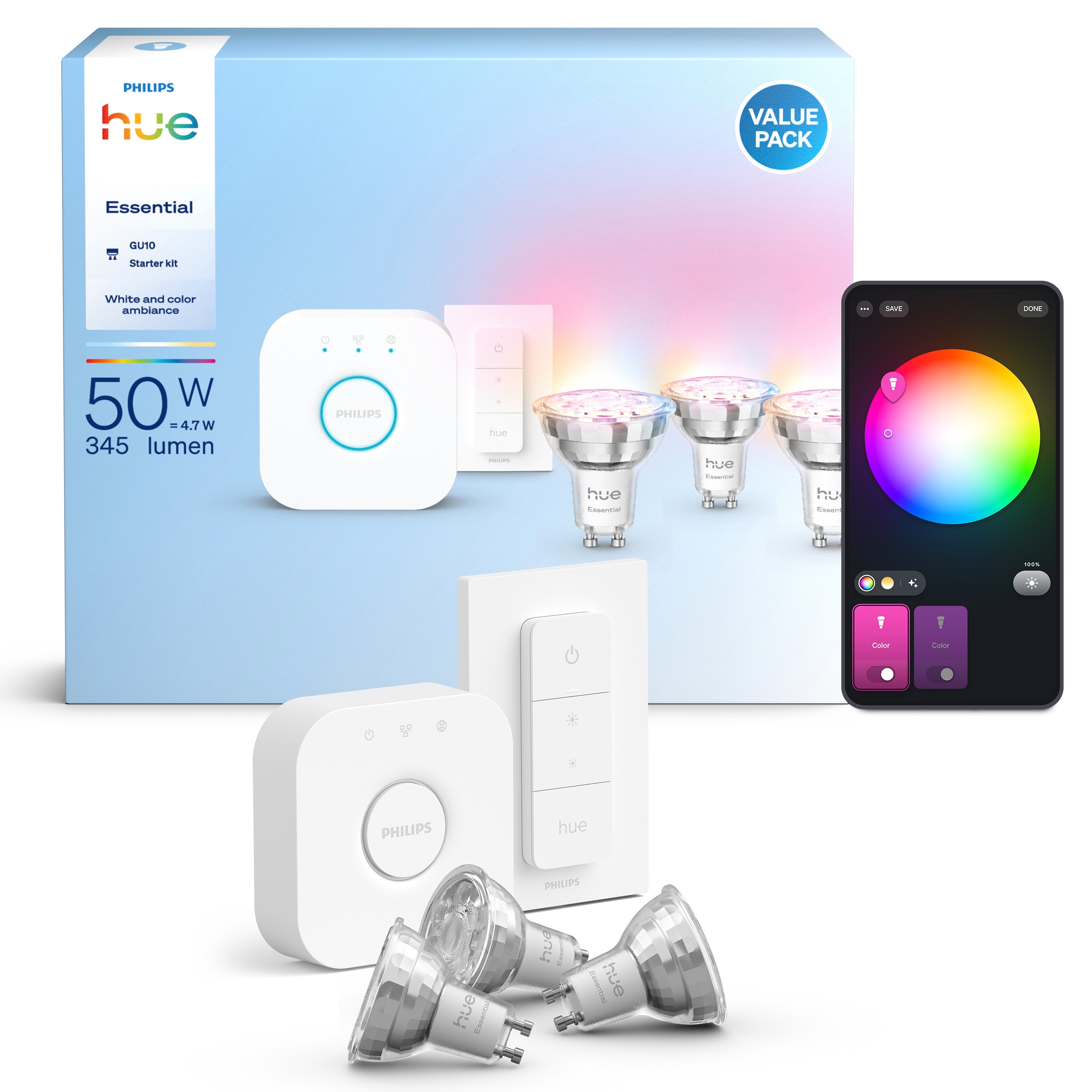 Philips Hue , Leuchtmittel, Starter Kit Essential White & Color Ambiance + Bridge (Gu10, 345 Lm, 3X) - Image 3