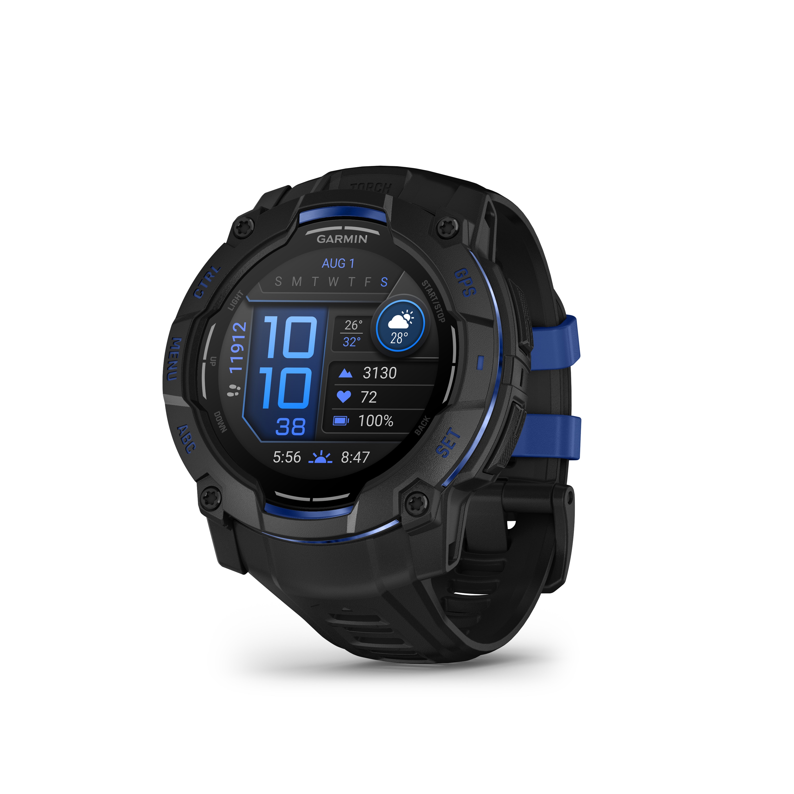 Garmin Instinct® 3 – 50 mm, AMOLED Schwarz mit Silikon-Wechselarmband 26 mm Bolt Blue