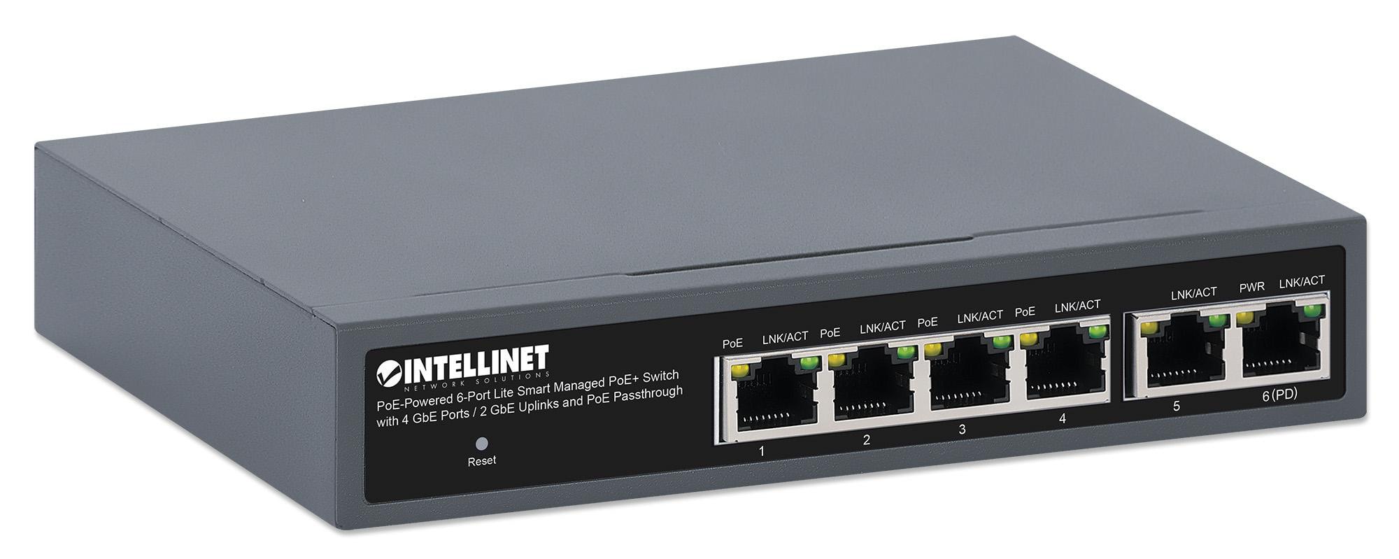Intellinet PoE-Powered 6-Port Lite Smart Managed PoE+ Switch mit 4 GbE-Ports / 2 GbE-Uplinks und PoE-Passthrough