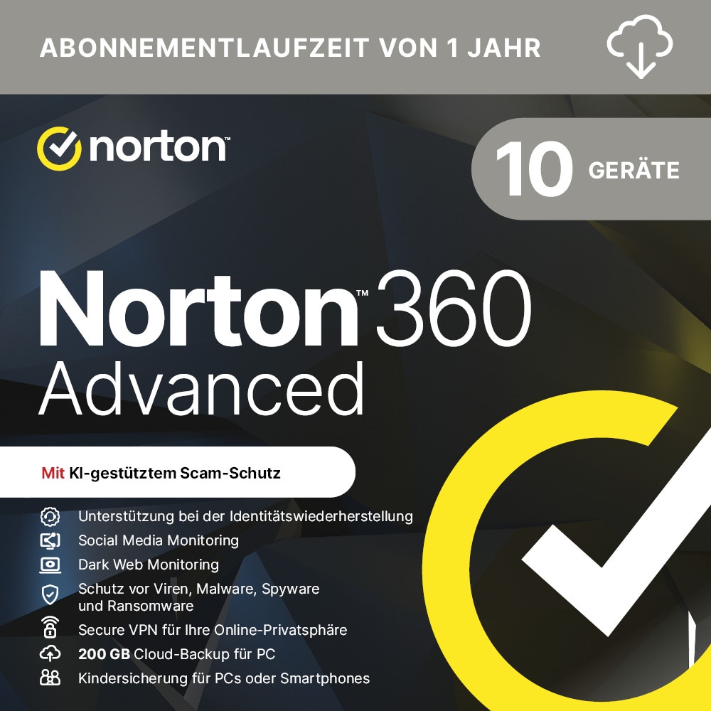 Norton 360 Advanced 200GB | 10 Geräte | Download & Produktschlüssel
