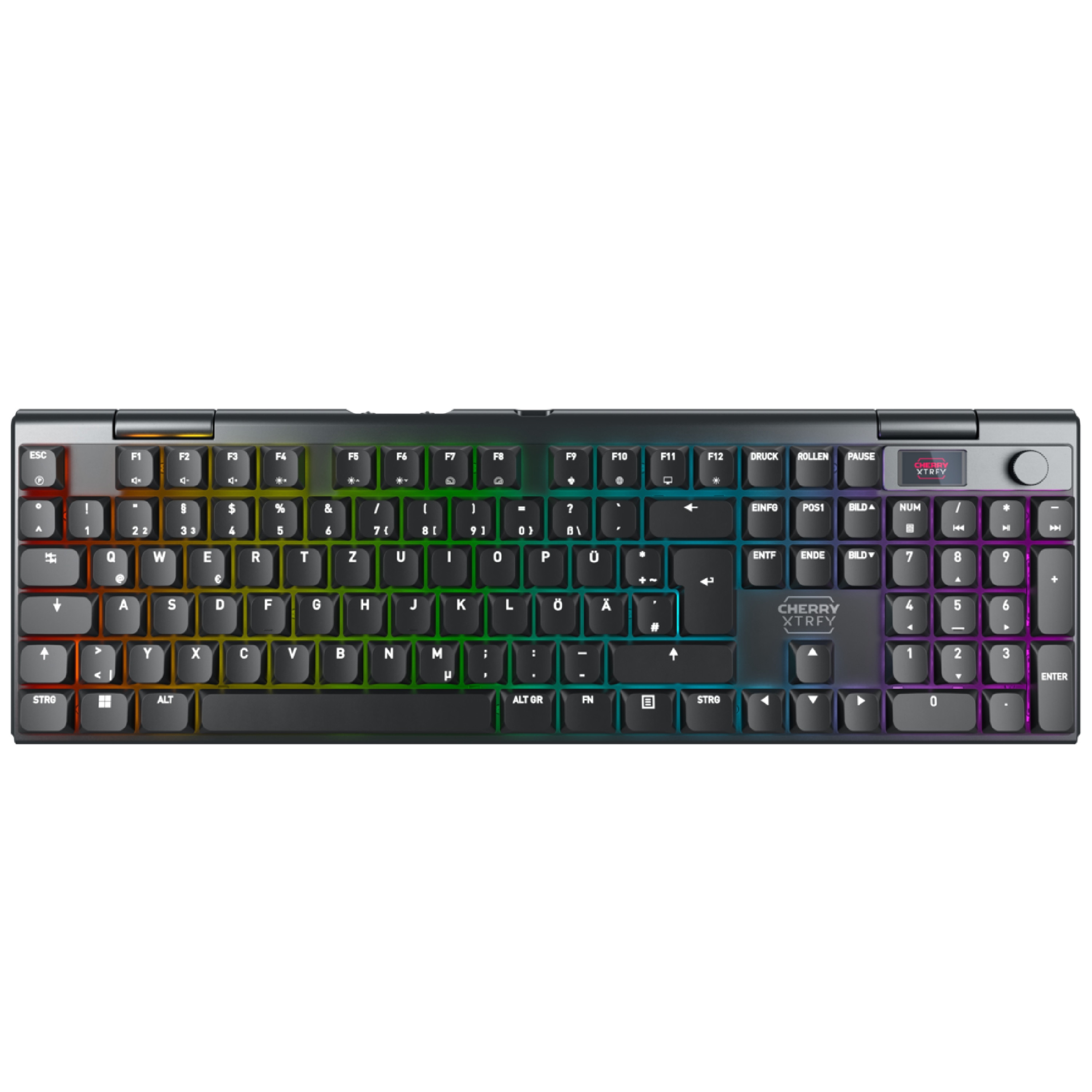 Cherry XTRFY MX 10.1 Schwarz Gaming Tastatur, kabellos, MX LOW-PROFILE RED-Switches, RGB, 2.4 Ghz, Bluetooth