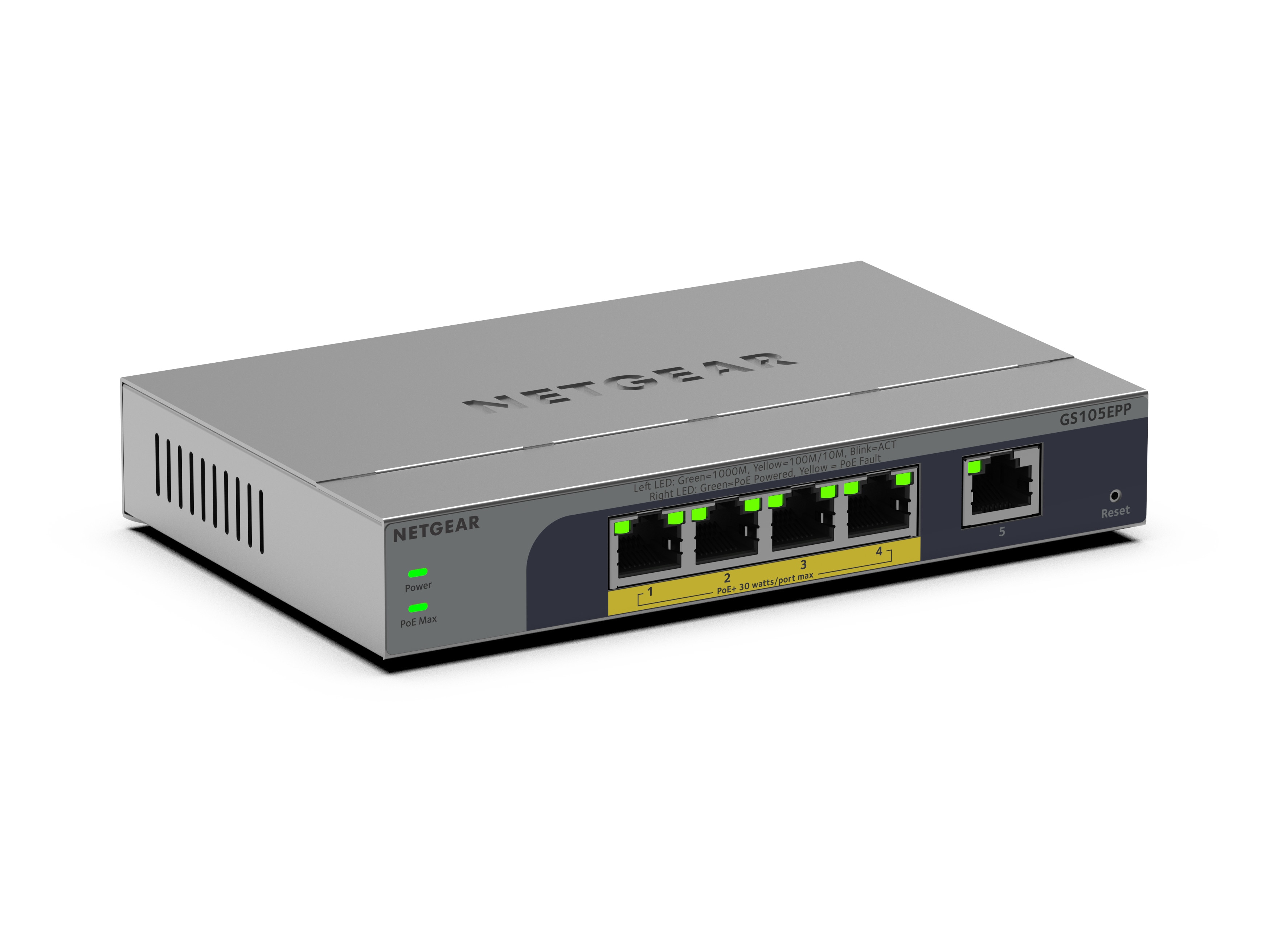 Netgear Gs105epp 8-Port Gigabit Ethernet Hochleistungs Poe + Plus Switch, Poe Budget 120 W, Lüfterlos, Metallgehäuse Größe 5 Grau