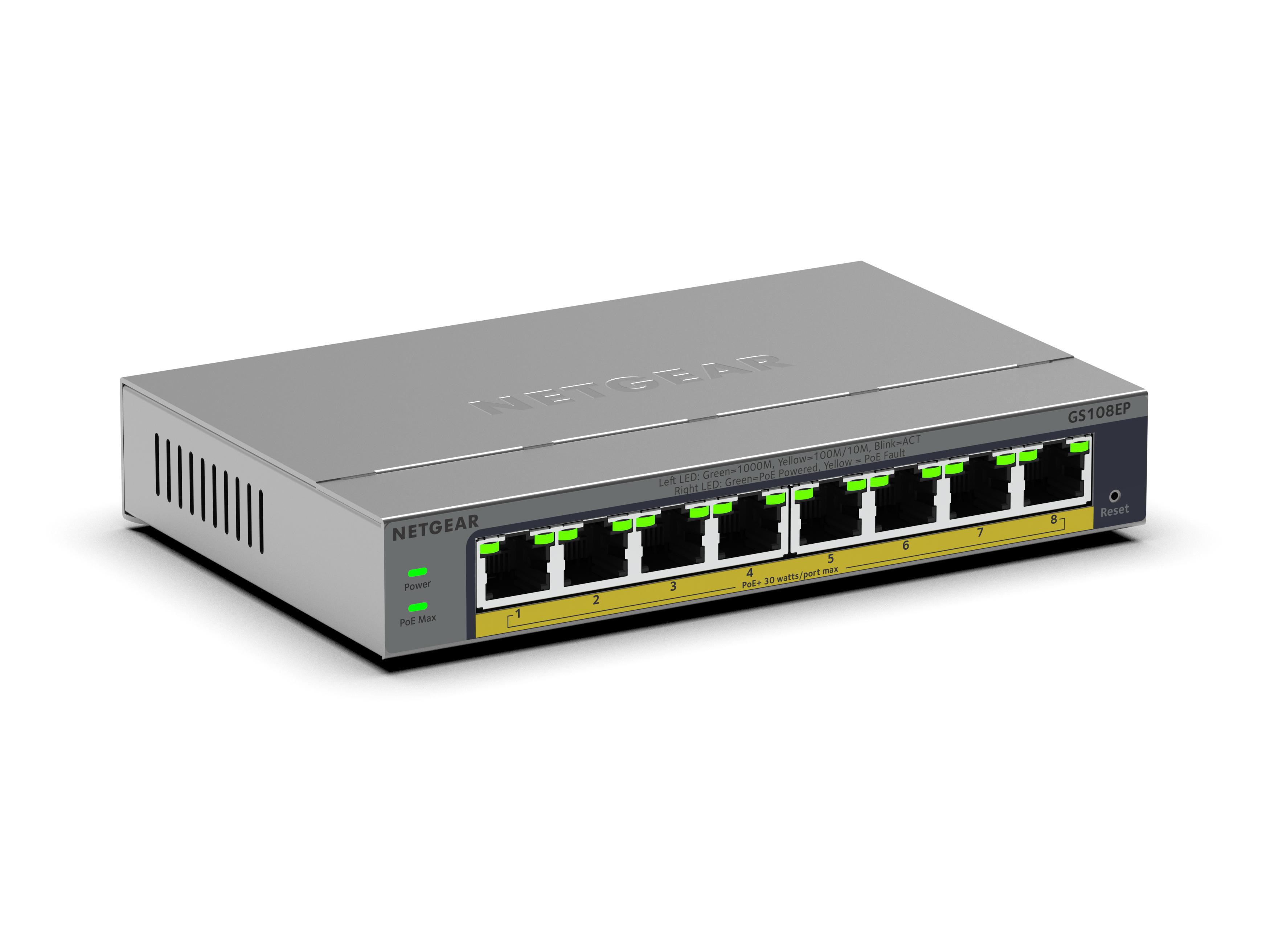 Netgear Gs108ep 8-Port Gigabit Ethernet Poe+ Plus Switch, Poe Budget 62 W, Lüfterlos, Metallgehäuse Grau Gs108ep-100Eus - Image 4
