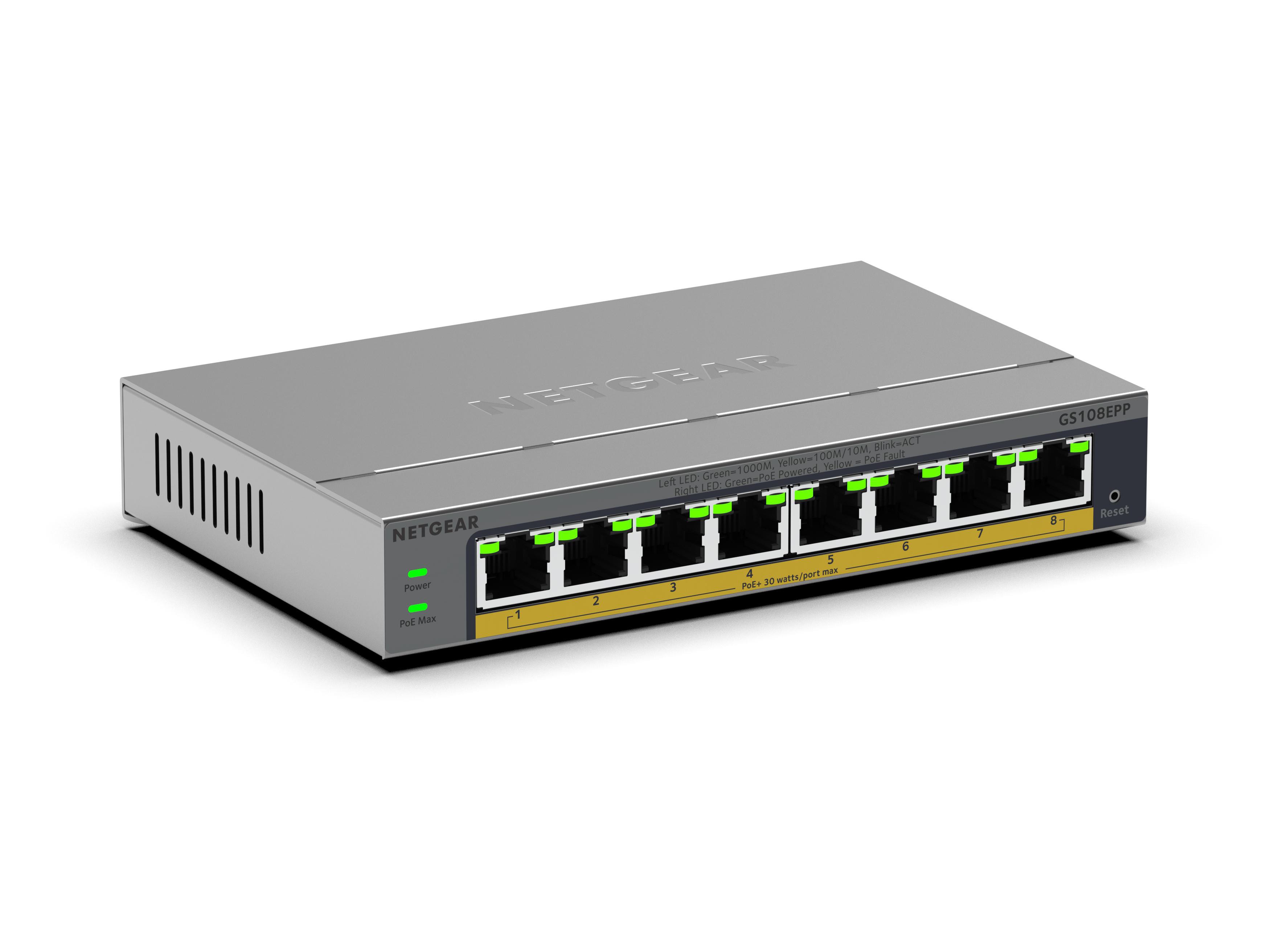 Netgear Gs108epp 8-Port-Gigabit-Ethernet-Hochleistungs-Poe + Smart Managed Plus-Switch, Poe Budget 123 W, Lüfterlos, Metallgehäuse Gs108epp-100Eus - Image 2