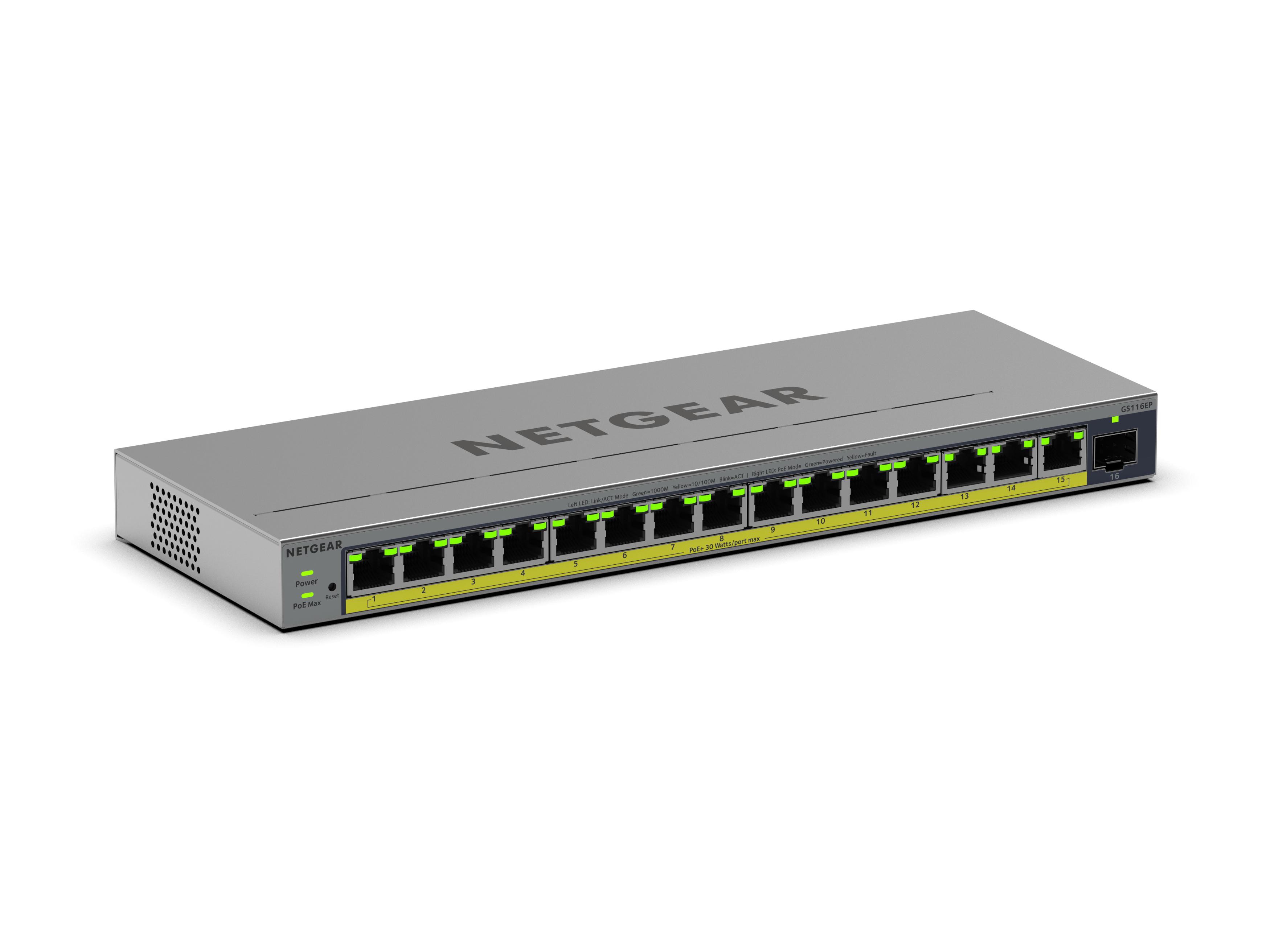Image of NETGEAR GS116EP 16-Port PoE+ Gigabit Ethernet Plus Switch mit PoE+ (180W) und 1 SFP Port