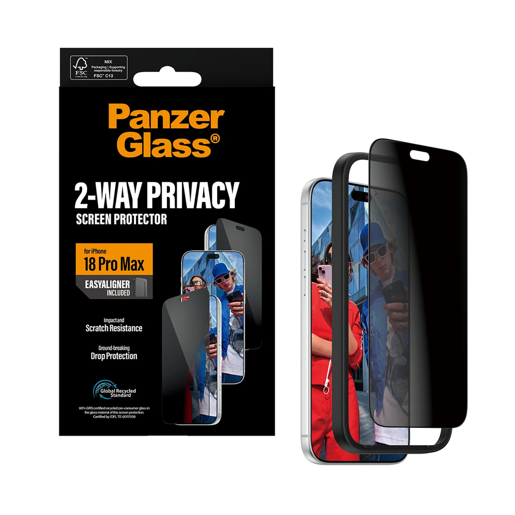 PanzerGlass 2-Way Privacy Displayschutzglas Ultra-Wide Fit m. EasyAligner Apple iPhone 18 Pro Max