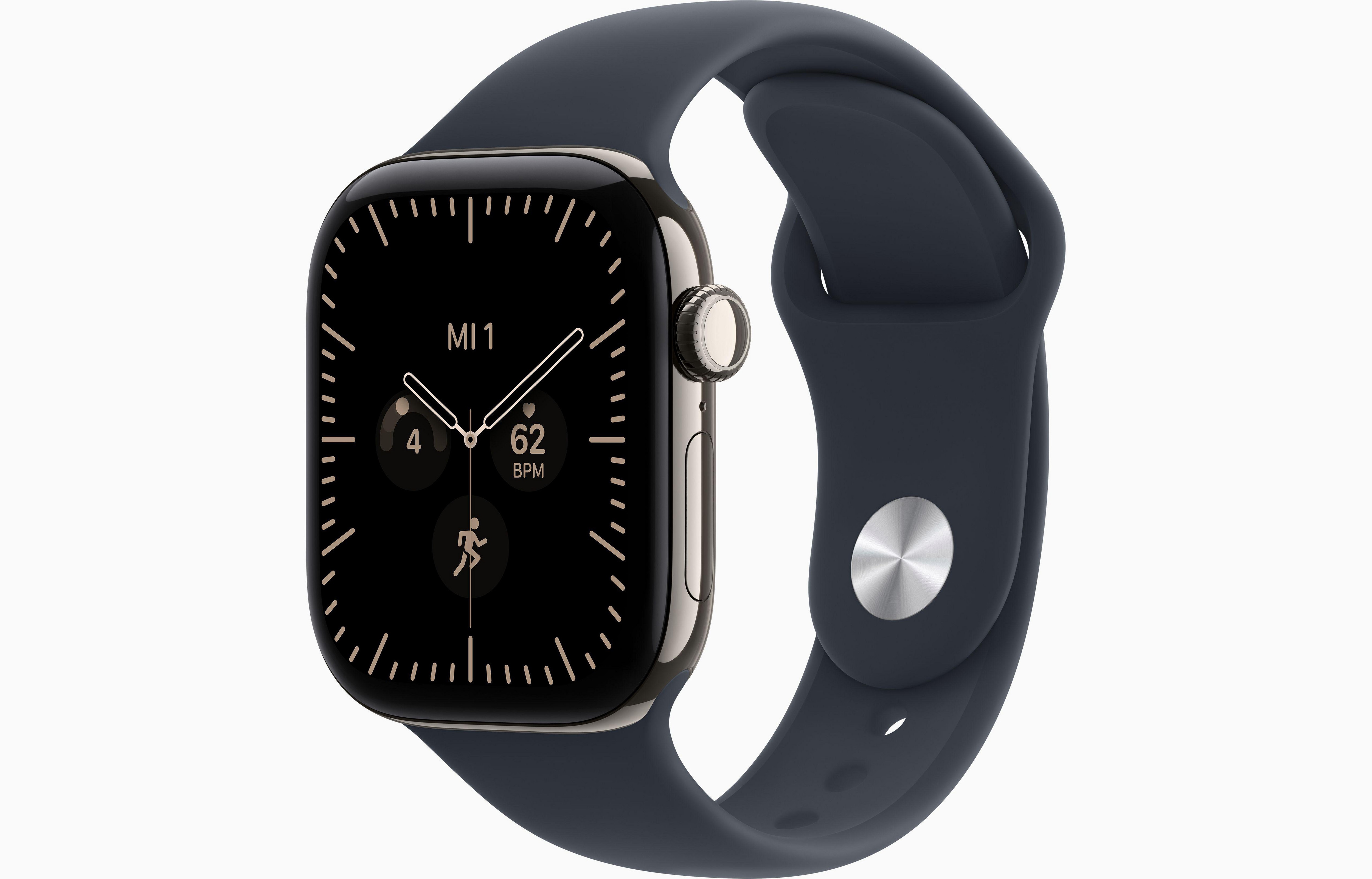 Apple Watch Series 12 GPS + Cellular 42mm Natural Titanium Case with Navy Blue Sport Band - M/L