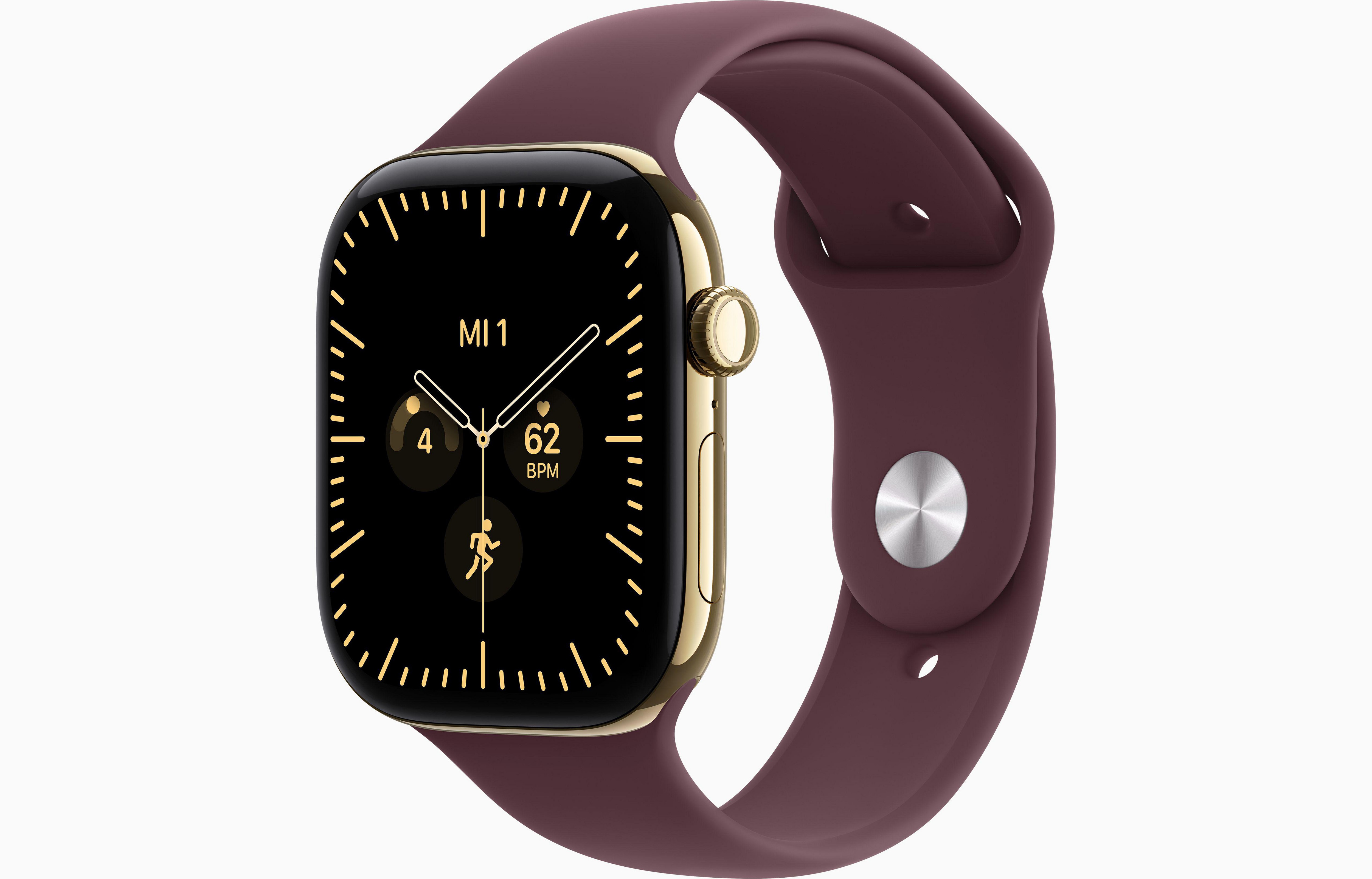 Apple Watch Series 12 GPS + Cellular 46mm Radiant Gold Titanium Case with Burgundy Sport Band - S/M
