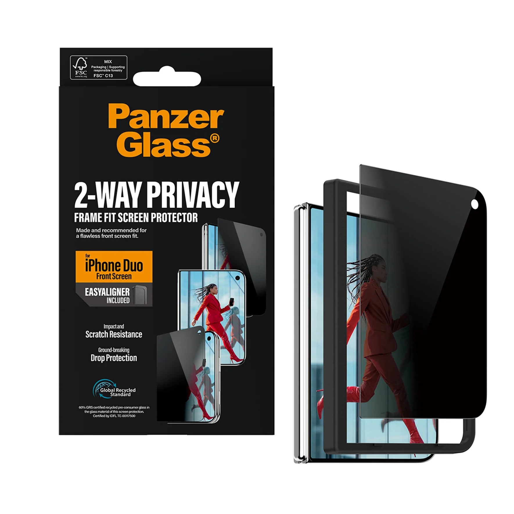 PanzerGlass Privacy Außendisplay Displayschutz RahmenFit m. EasyAligner IphoneDuo
