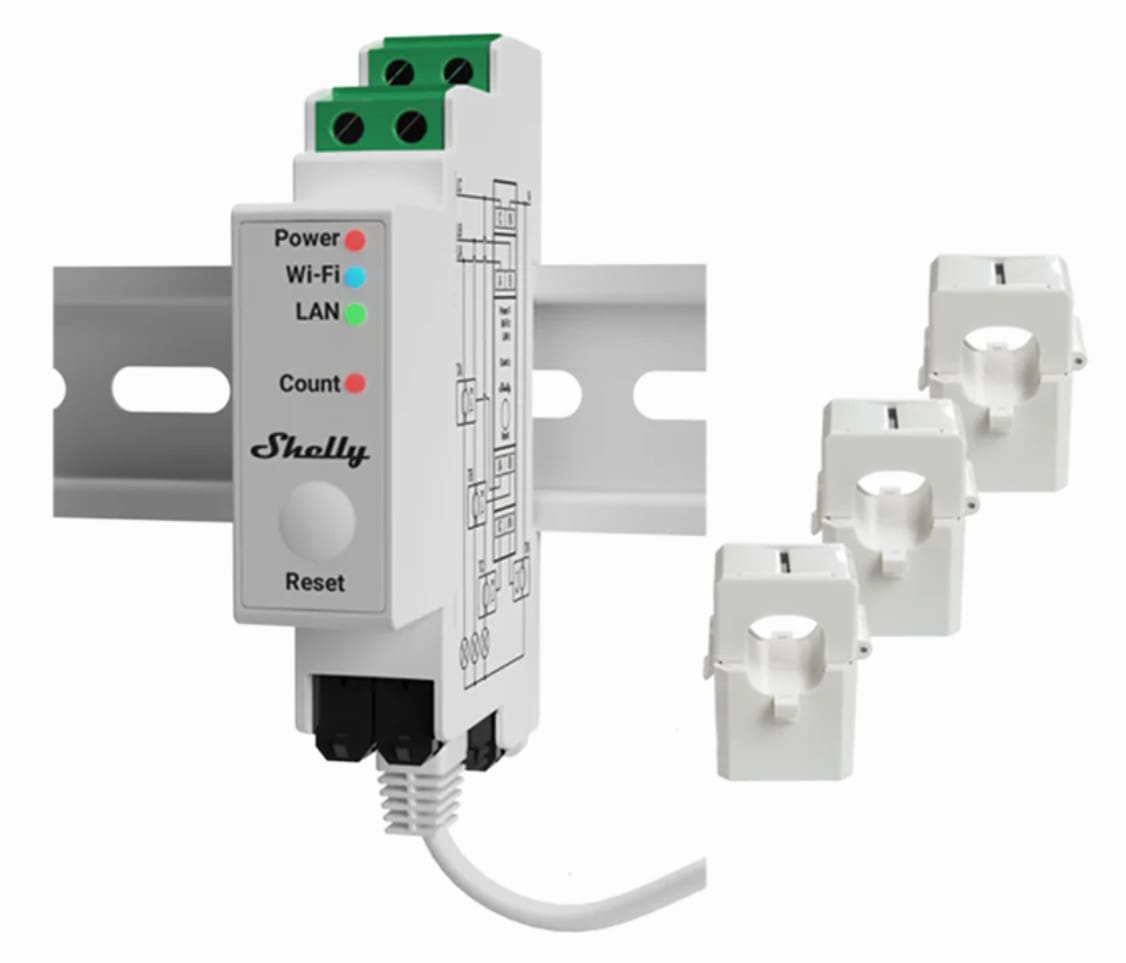 Shelly Pro 3EM 120A v2 Energiemessgerät 3 Phasen inkl. 3x 120A Klemmen WLAN LAN BT
