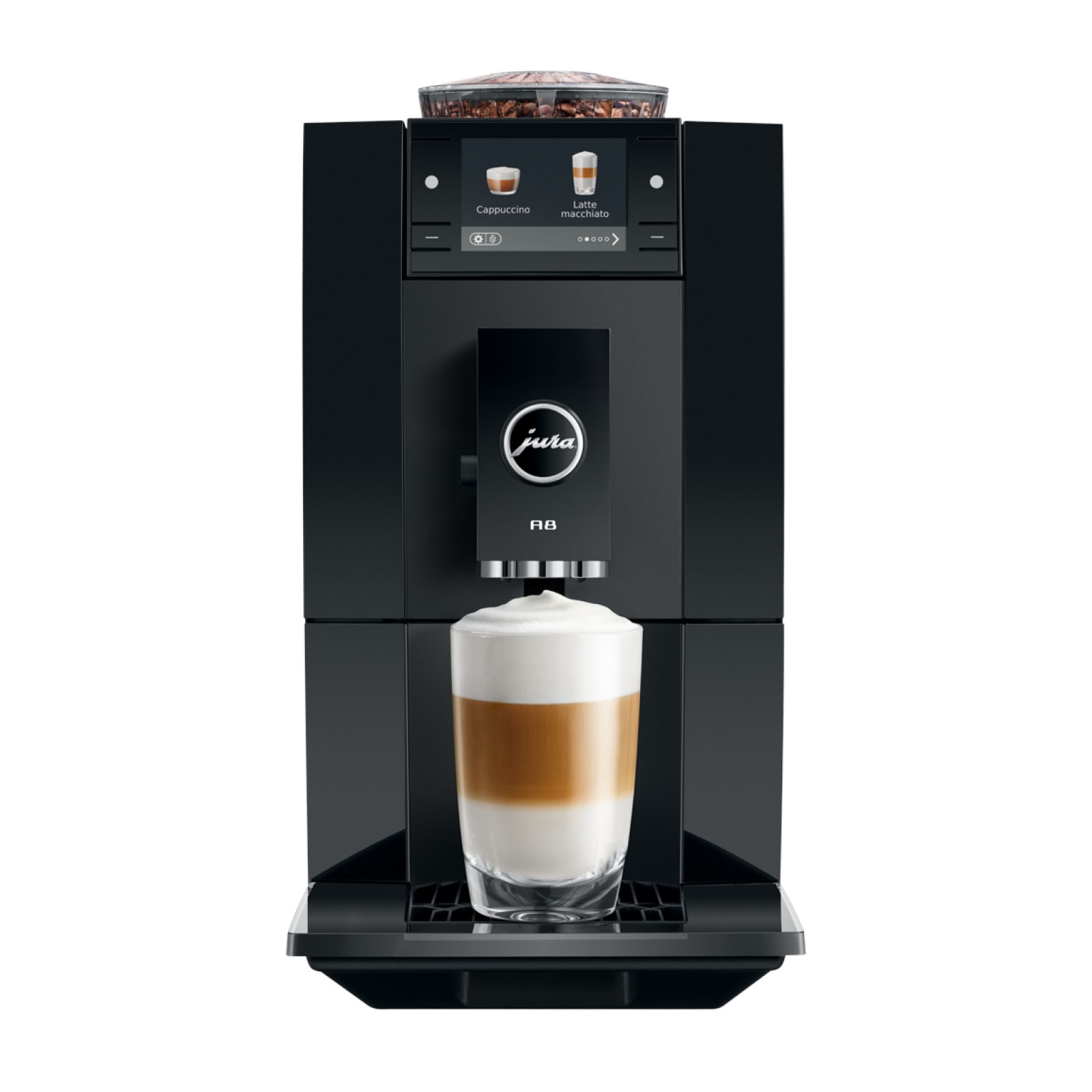 Jura A8 Piano Black (Ea) Kaffeevollautomat – Kaffeespezialitäten, P.a.g.3 Mahlwerk, 2,8"-Farbdisplay, 19 Cm Schmal Größe 18 Schwarz