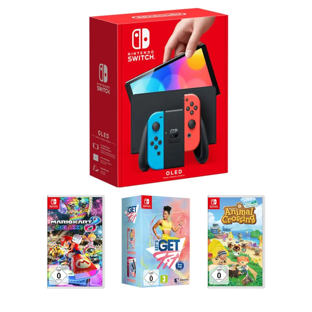 Nintendo Switch OLED rot blau + Mario Kart 8 + Animal Crossing + Lets Get  Fit Buy