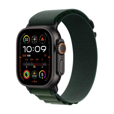 Apple Watch Ultra 2 LTE 49mm schwarzes Titan Gehause mit dunkelgrunem Alpin Armband L