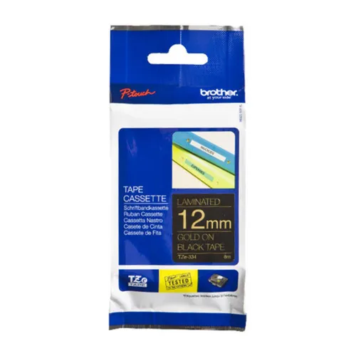 Brother TZe-334 Schriftband gold auf schwarz. 12mm x 8 m. selbstklebend
