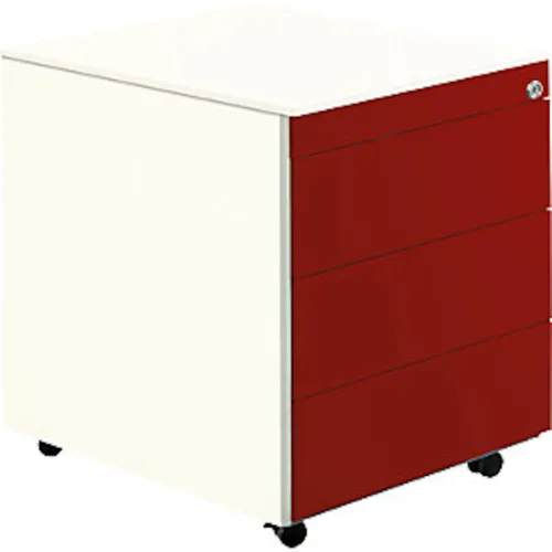 Schubladencontainer mit Rollen, 570x600mm, Stahlplatte, 3 Schubladen, weiß/rot