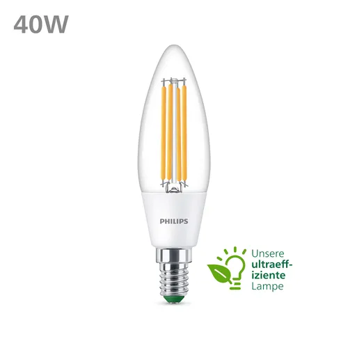 Philips Classic LED Lampe mit 40W, E14 Sockel, Klar, Warmwhite (2700K)