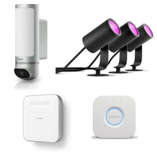 Bosch Smart Home Eyes Außenkamera II mit Controller II & Philips Hue 3x Lily Spots mit Bridge V2