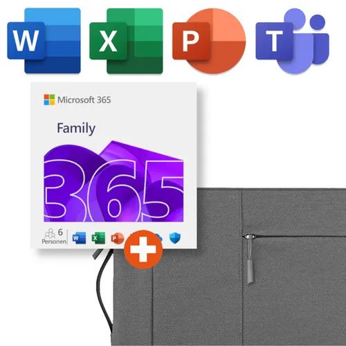 Microsoft 365 Family (Office-Apps inkl. Copilot-KI und 6TB Cloudspeicher) | Download & Produktschlüssel (inkl. Laptoptasche)
