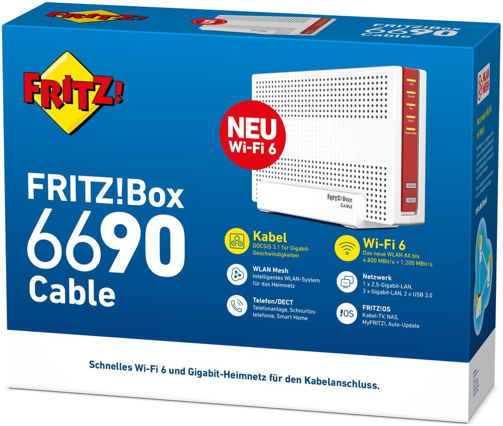 Fritz box 6690 günstig Kaufen-AVM FRITZ!Box 6690 Cable. AVM FRITZ!Box 6690 Cable <![CDATA[AVM FRITZ!Box 6690 Cable High-End Heimnetz mit 4x4 Wi-Fi 6 (WLAN AX) die FRITZ!Box 6690 Cable mit innovativem Wi-Fi 6 (WLAN AX) bringt ultraschnelles WLAN an den Kabelanschluss. Der neue Standard