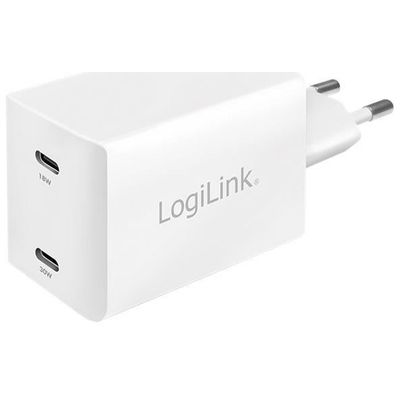 LogiLink USB Wall Charger GaN, 2port, 2x USB-CF, 48W, w/PD, white