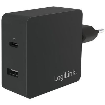 LogiLink PA0212 USB Wall Charger 2 Port, USB-AF & USB-CF, 45W, w/PD, black