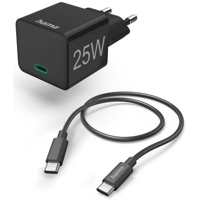 Hama Schnellladegerät mit Ladekabel USB-C, Mini-Ladegerät, PD, 25W, 1m, schwarz
