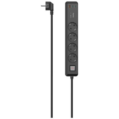 Hama Steckdosenleiste 4-fach, USB-C/A 65W, PD, Schalter, 1.4m, schwarz/grau