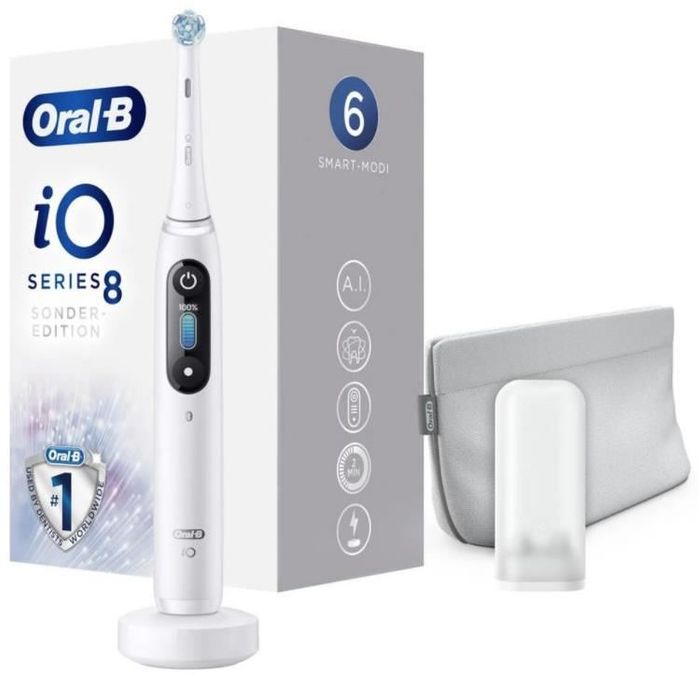Oral-B iO 8 Special Edition Electric Toothbrush/Electric Toothbrush with Revolutionary Magnetic Technology and Micro Vibrations, 6 Cleaning Programs, Colour Display and Beauty Bag, White Alabaster