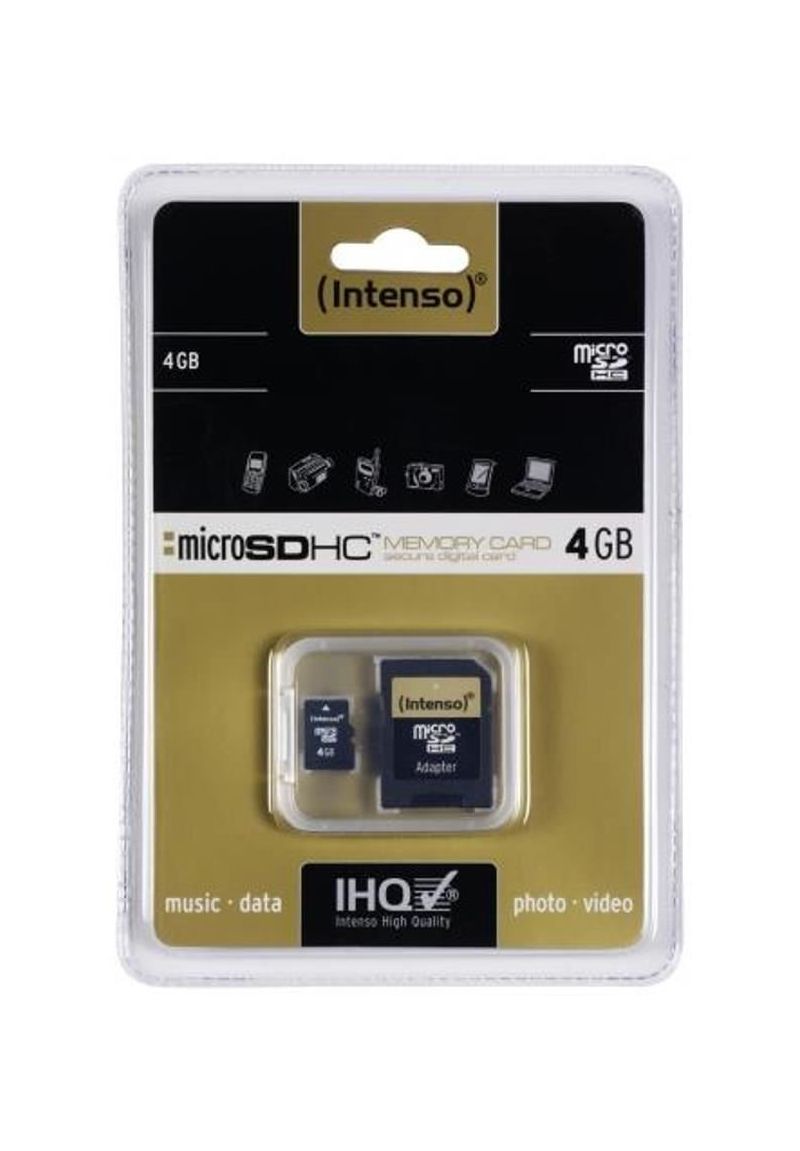 MicroSD Speicher günstig Kaufen-Intenso microSDHC Karte 4GB. Intenso microSDHC Karte 4GB <![CDATA[Spezifikation: * Klasse (Micro SDHC): Klasse 4 * Speicherkapazität: 4GB * Max. Leserate: 21MB/s (140x) * Max. Schreibrate: 5MB/s (34x) * Zubehör: SD Adapter]]>. 